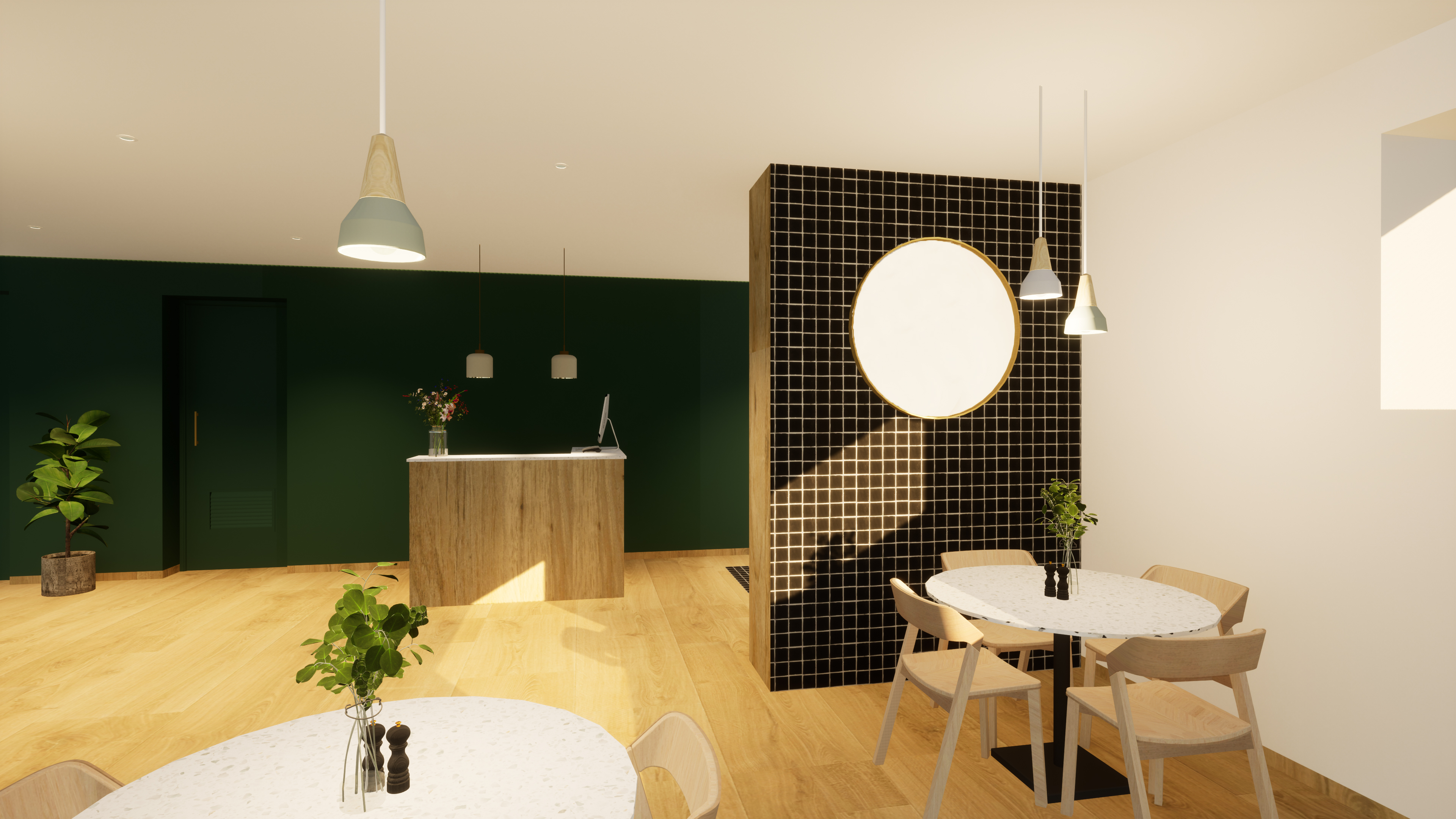 Salle du restaurant Kiout, comptoir d'accueil en terrazzo, murs vert sapin, verrière en métal noir, mur de cadres de photos noires et blanches. Dressing en bois et faïence noire et blanche. Tables rondes et banquette verte. Kiout franchise restaurant. Architecture d'intérieur et décoration à Rennes, Flavie Vincent