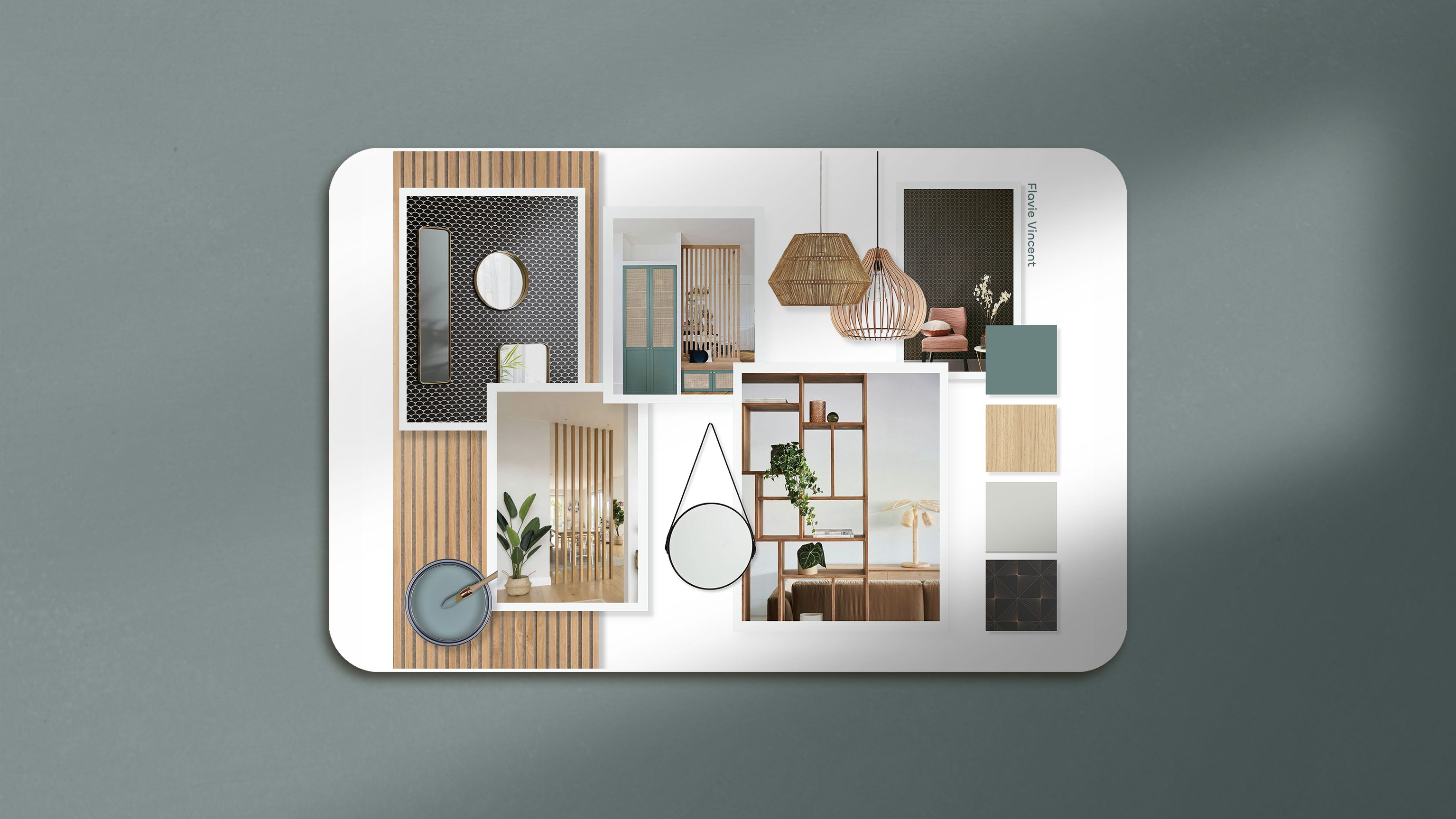 Moodboard d’entrée avec ambiance bois clair et objets déco