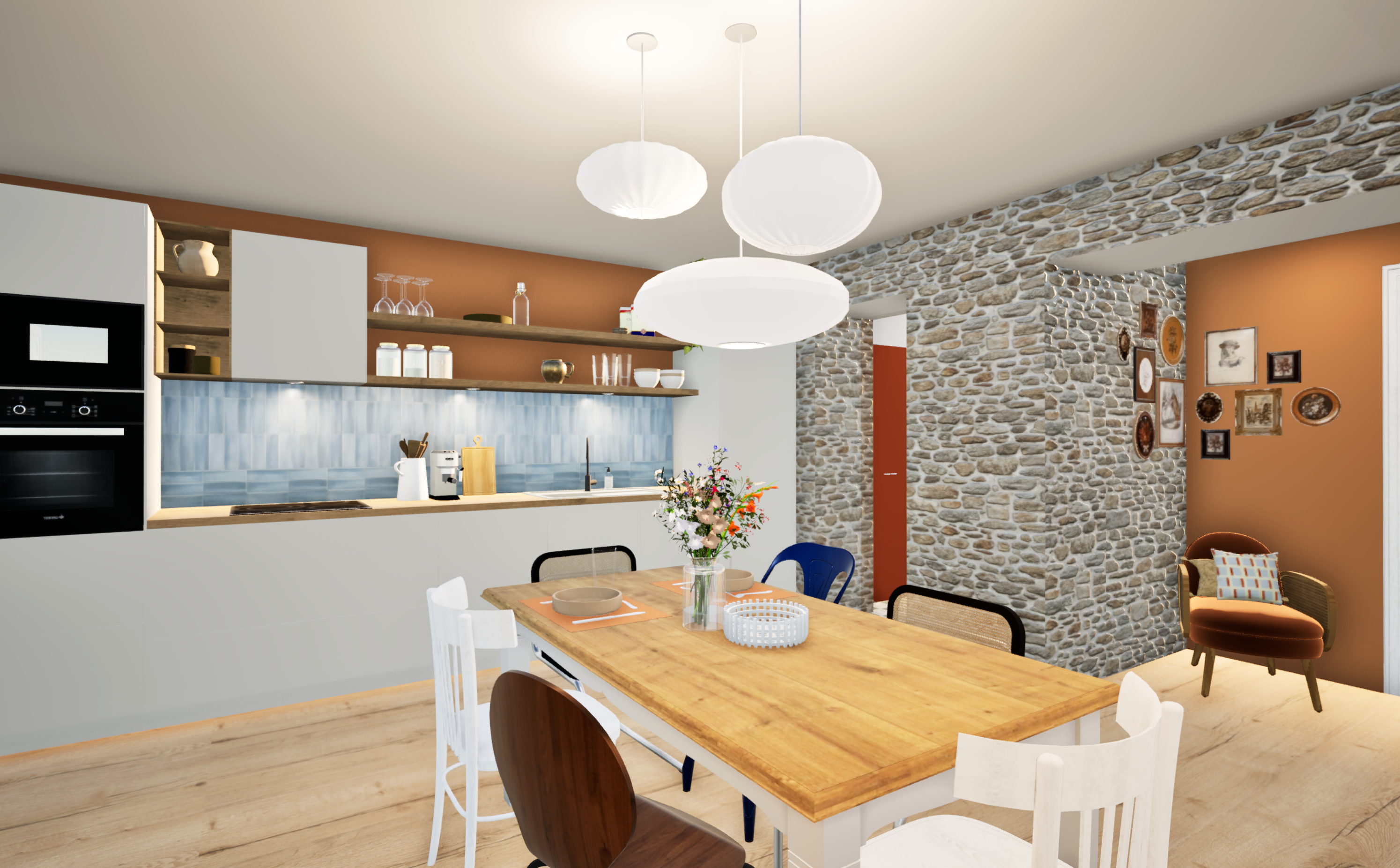 Séjour chaleureux avec table en bois massif, chaises dépareillées, suspensions papier blanc, parquet en chêne et mur en pierre — Projet Saint‑Martin, architecture d’intérieur à Rennes