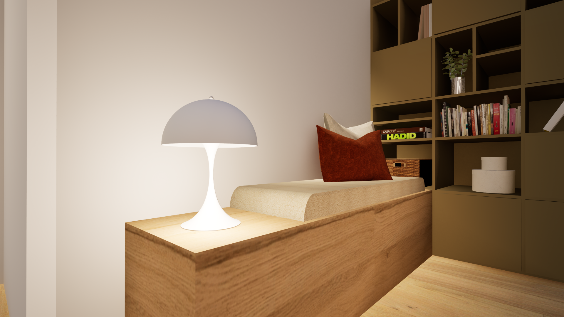 Bibliothèque en bois avec espace lecture, banquette cosy et rangements intégrés — Projet La Hutte architecture d’intérieur