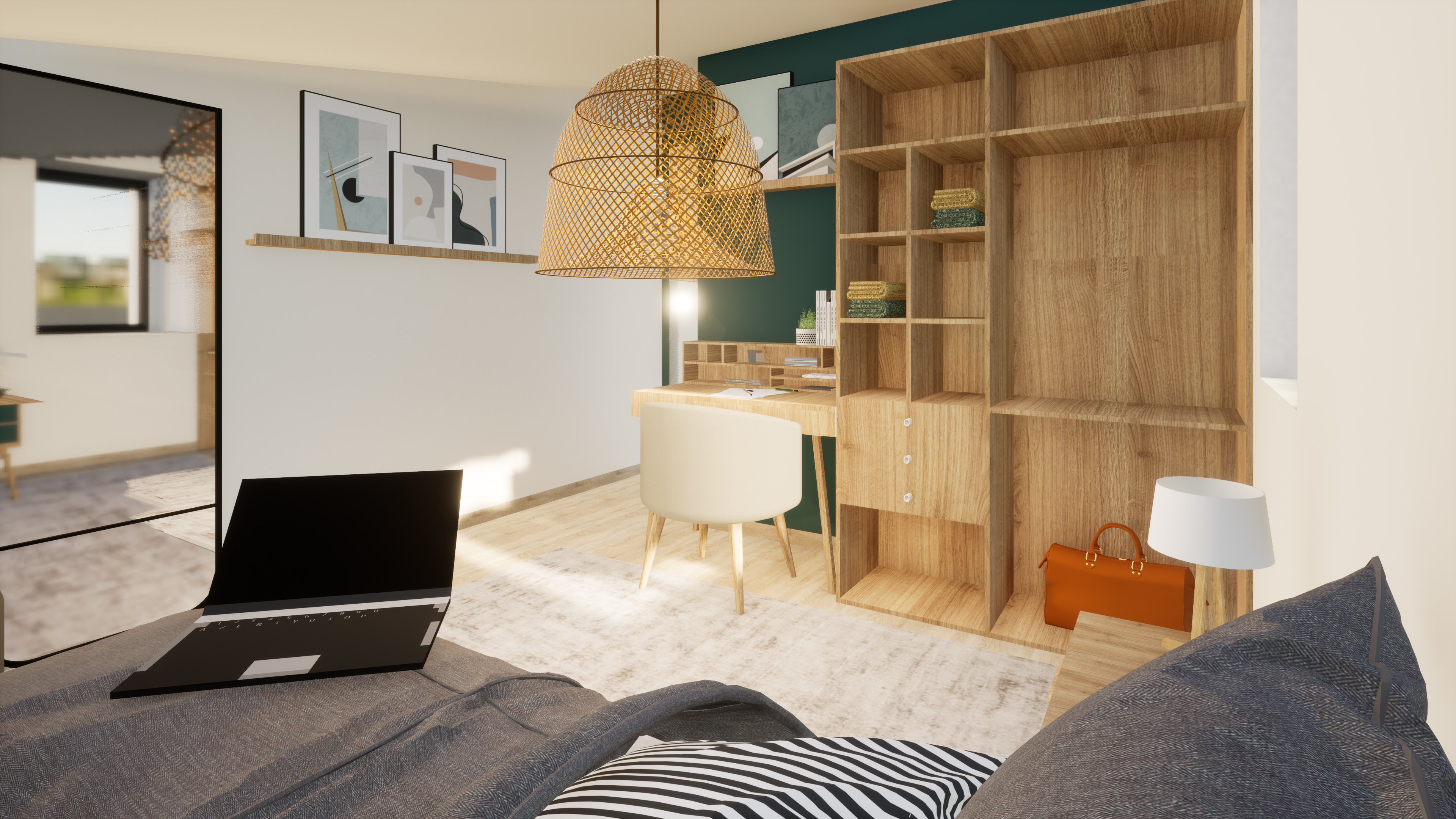 Chambre avec mur vert, dressing et bureau bois – Projet Chesnaie architecture