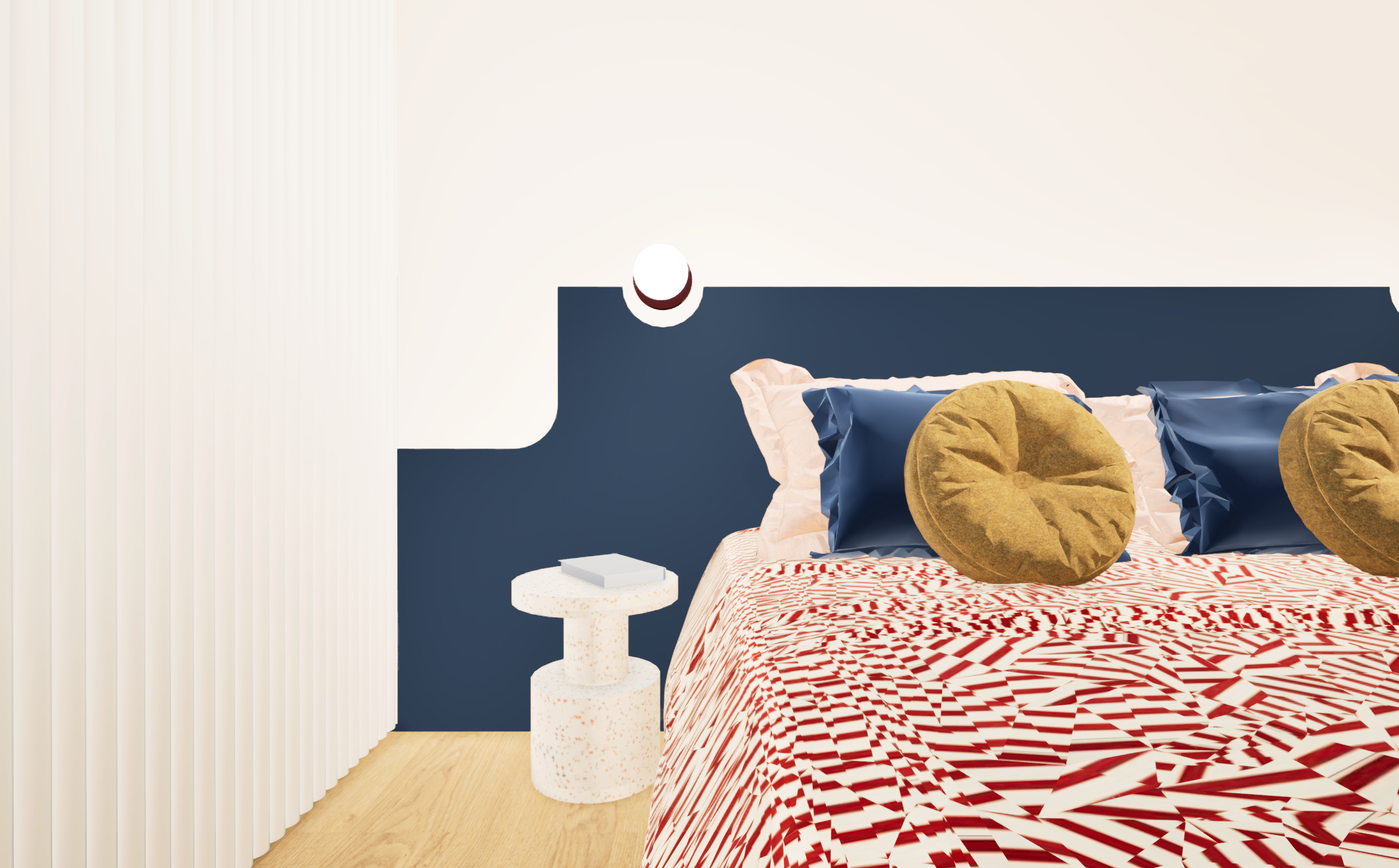 Vue rapprochée chambre pop avec jeu de couleurs et lumière — Projet Croix Verte architecte d’intérieur