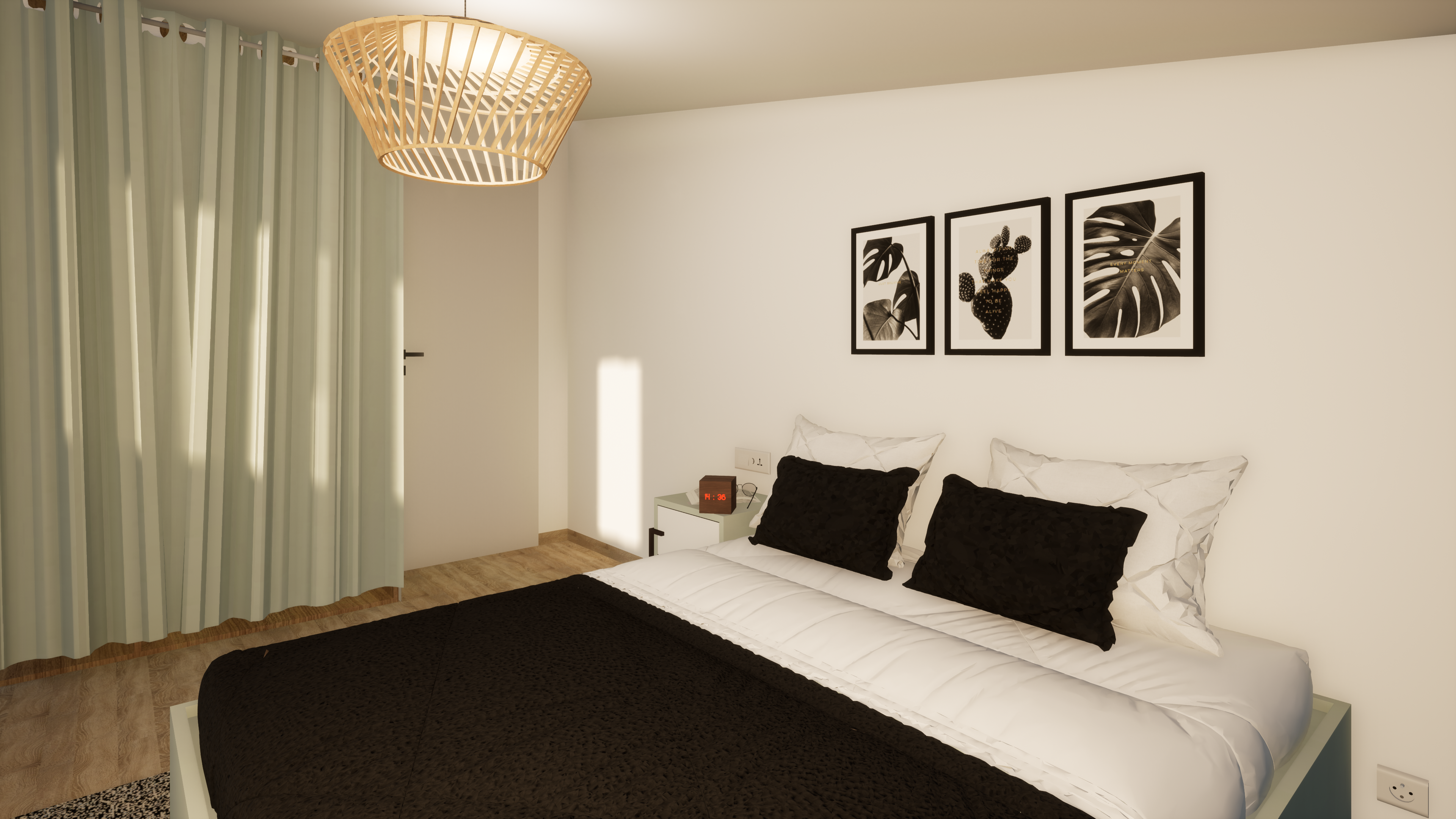 Chambre avec parquet clair et dressing rideaux verts – Projet Chesnaie