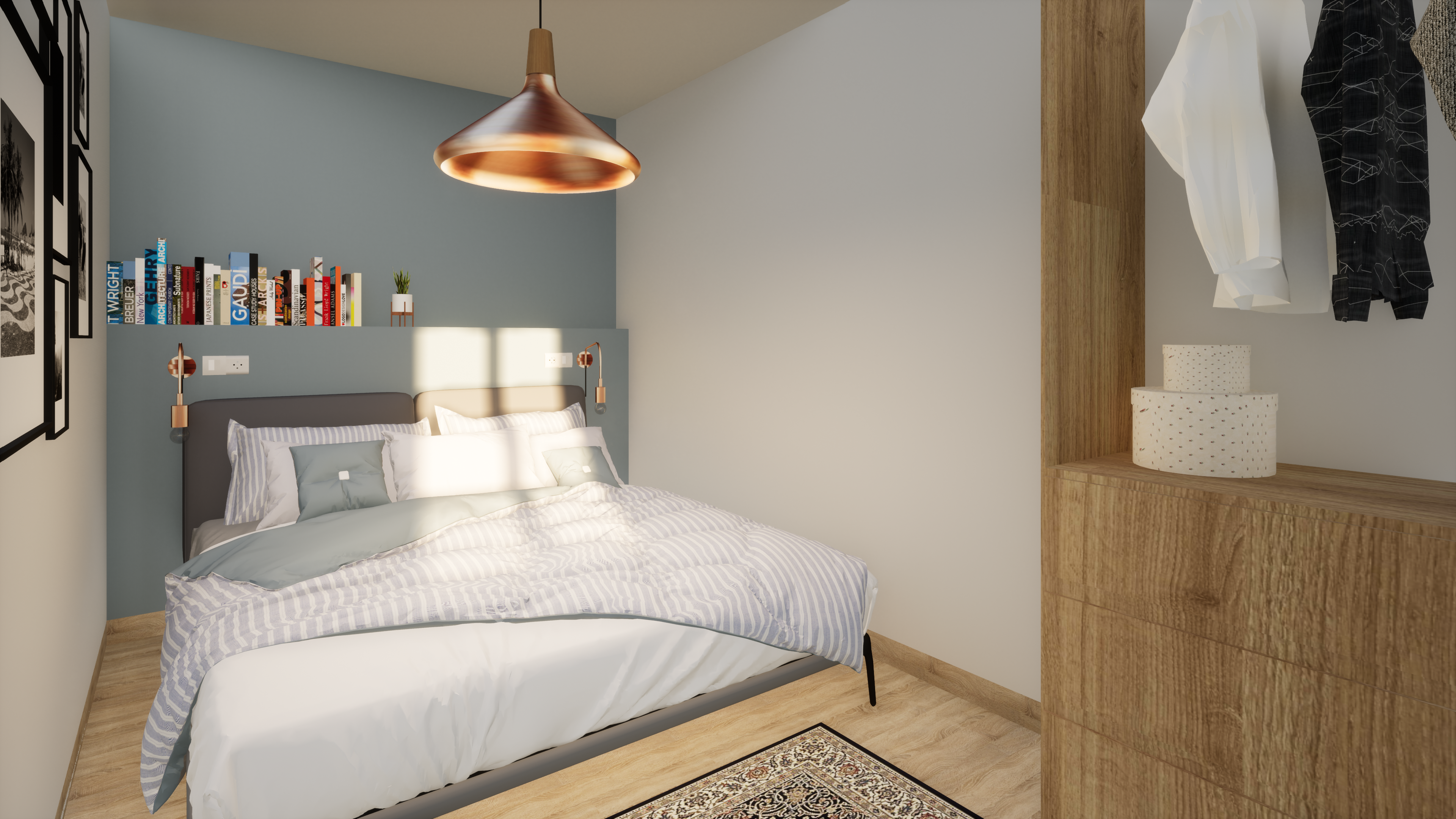 Chambre avec mur bleu grisé et tête de lit en coffrage – Projet Chesnaie