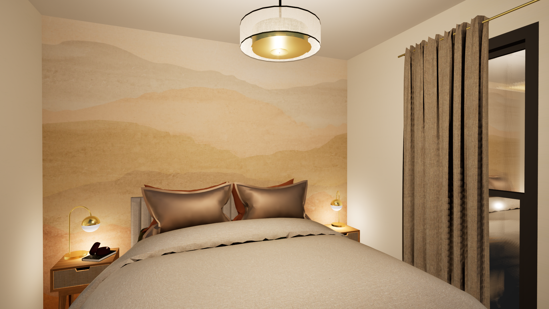 Chambre parentale murs vert amande avec panoramique paysage pastel en tête de lit et tables de chevet bois — Projet La Hutte