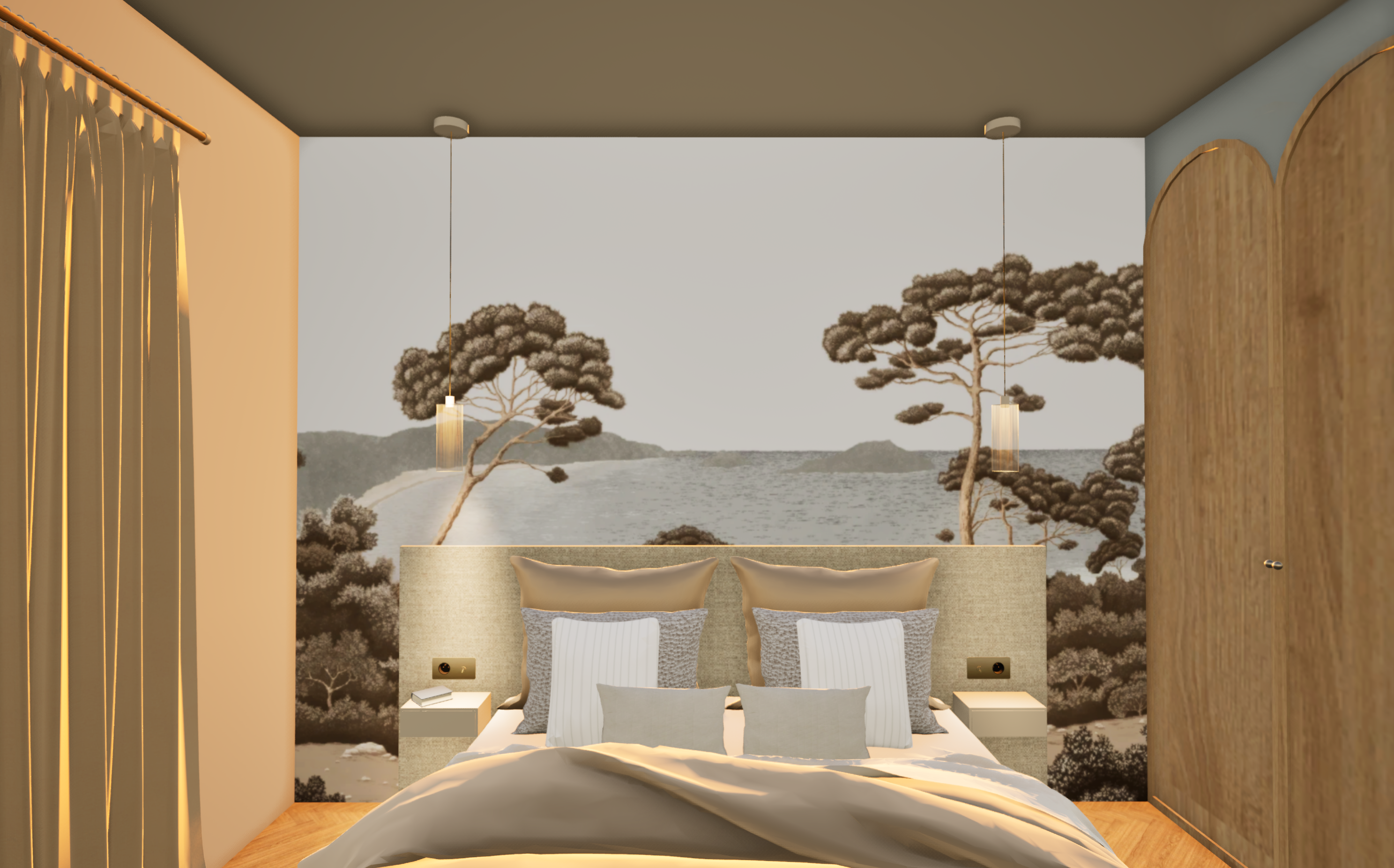 Chambre beige avec panorama paysage mural, dressing bois courbe et ambiance douce — Projet Muguet, architecture d’intérieur Rennes