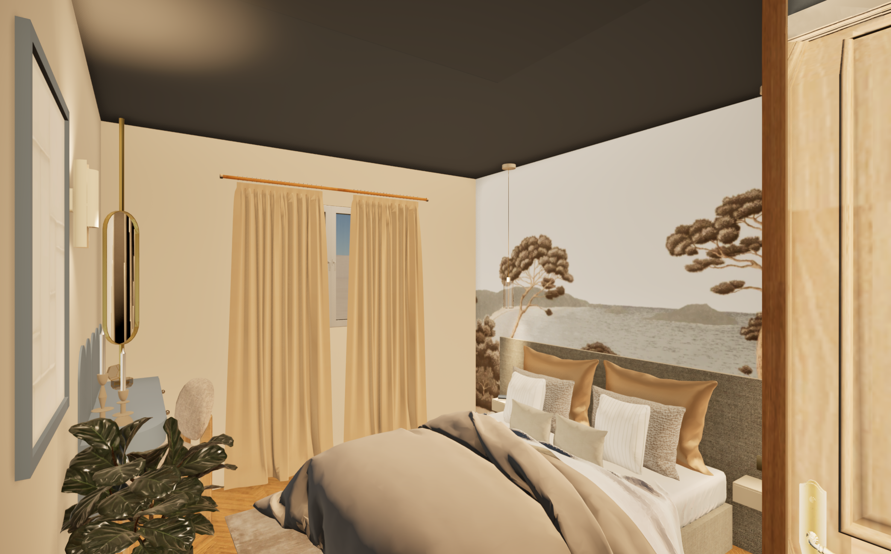 Chambre beige avec panorama décor mural et dressing bois – détails d’agencement — Projet Muguet