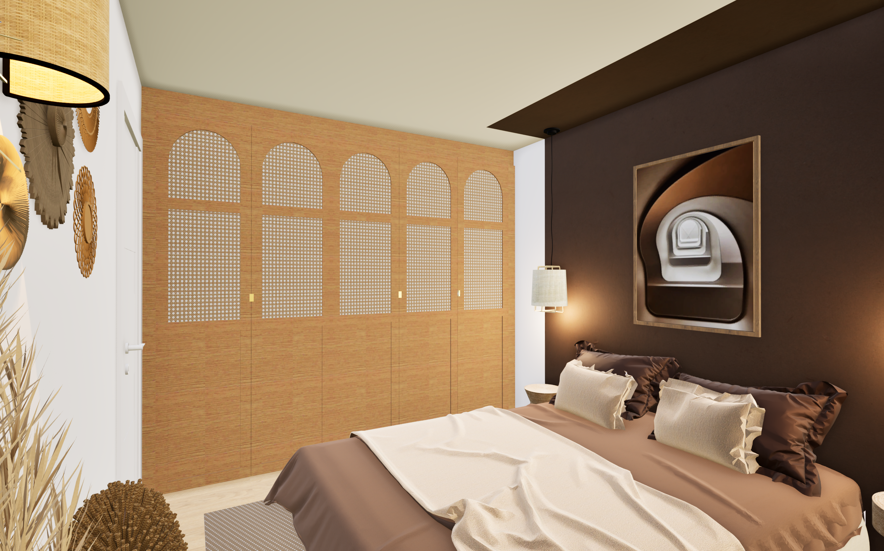 Chambre bohème avec mur couleur chocolat, dressing arrondi en bois cannage, suspensions en lin et textiles naturel gaze de coton — Projet Muguet, architecture d’intérieur Rennes