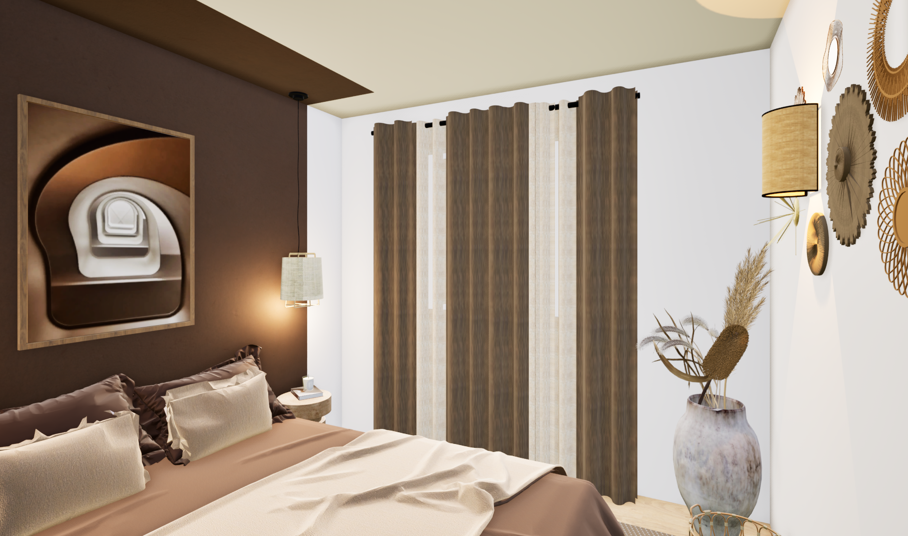 Plan global chambre bohème avec mur chocolat et ambiance textile gaze de coton, dressing bois cannage — Projet Muguet