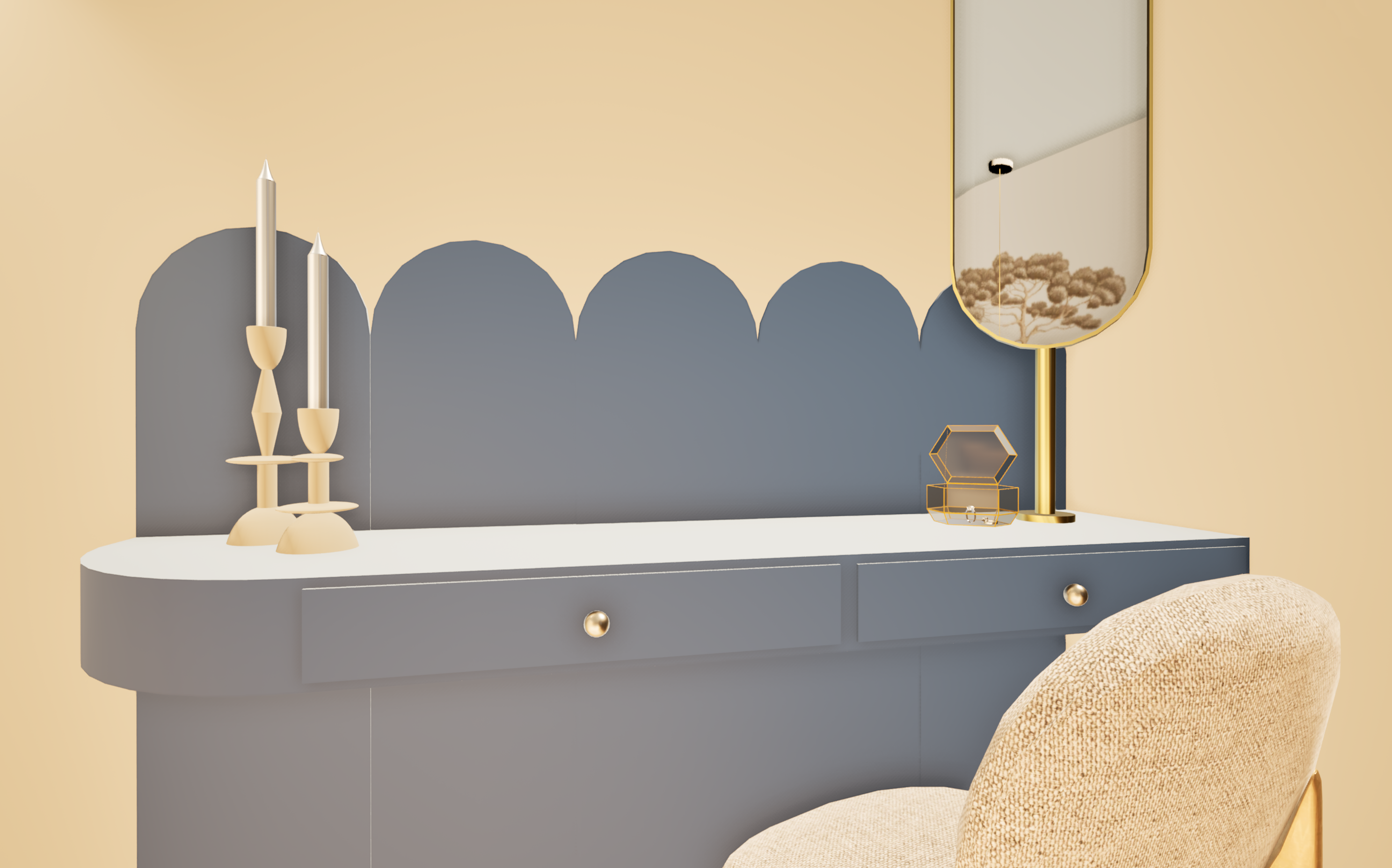 Coiffeuse baby blue aux courbes délicates avec miroir doré suspendu et chaise chinée — Projet Muguet, déco chambre apaisante Rennes