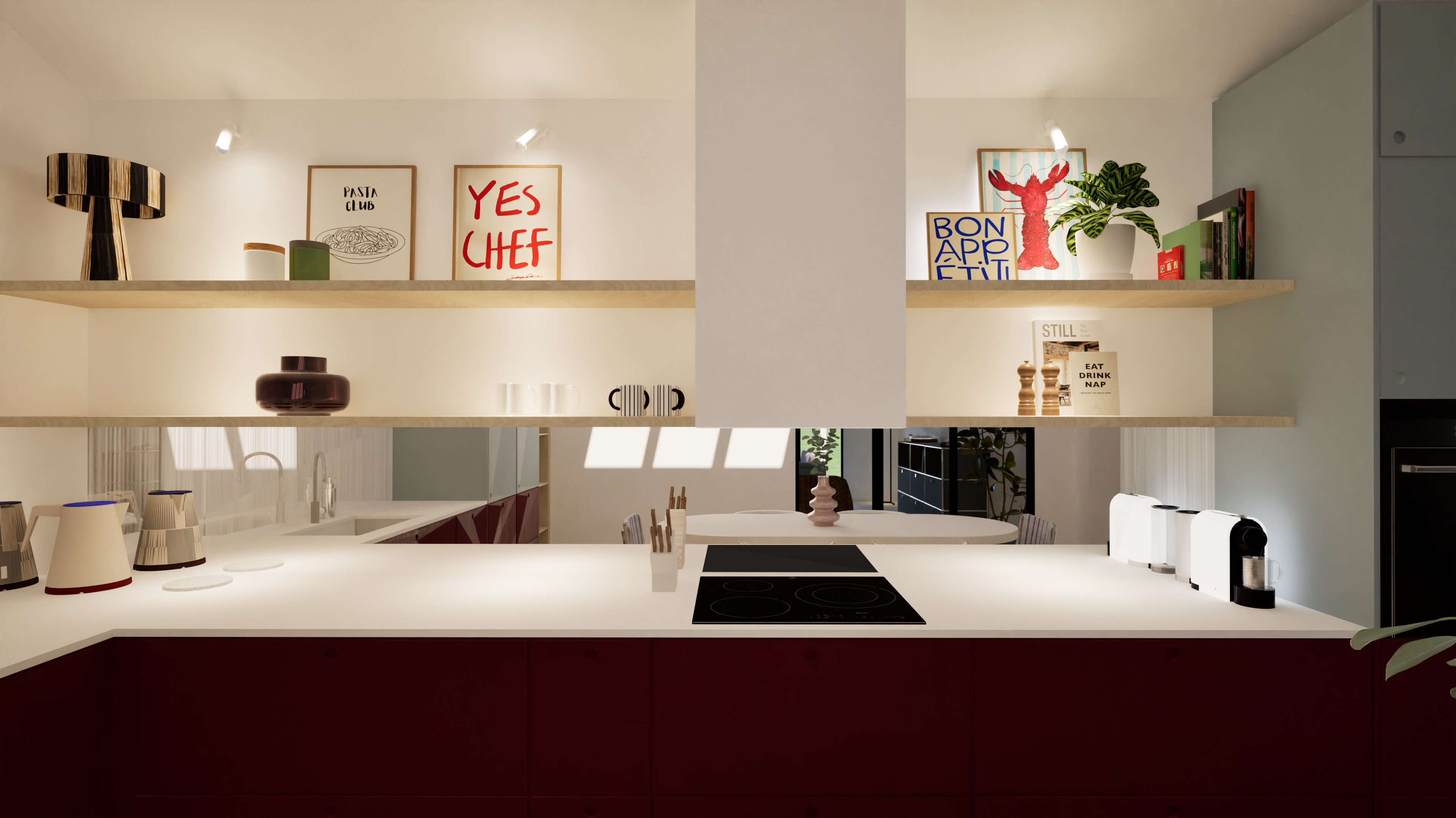 Cuisine design bleu ciel et grenat, implantation en L, plan de travail céramique blanche, crédence effet miroir et parquet chêne clair — Projet Lorrier