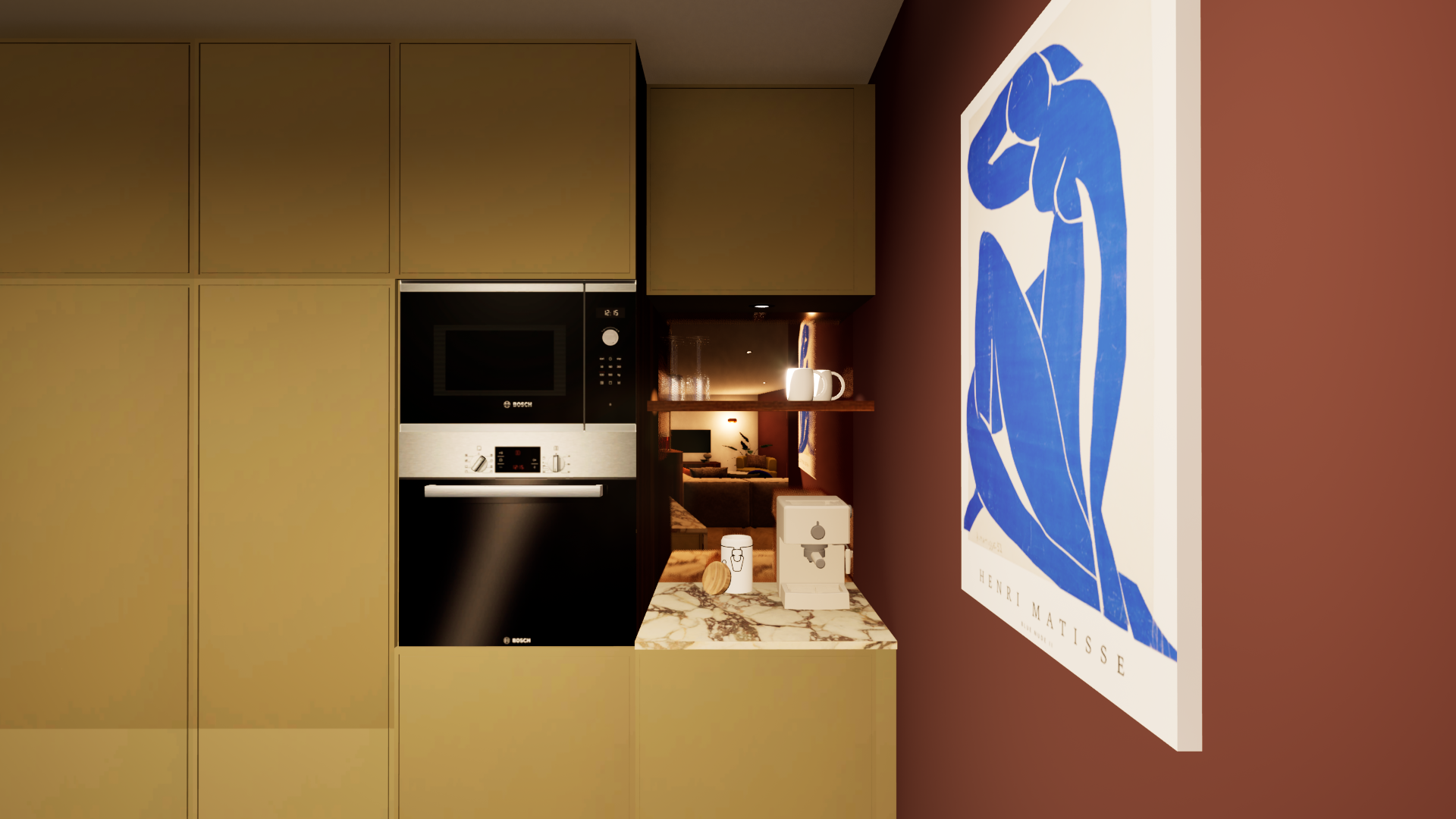 Cuisine vert olive décor original avec marbre Calacatta et détails vintage miroir fumé — Projet Le Château