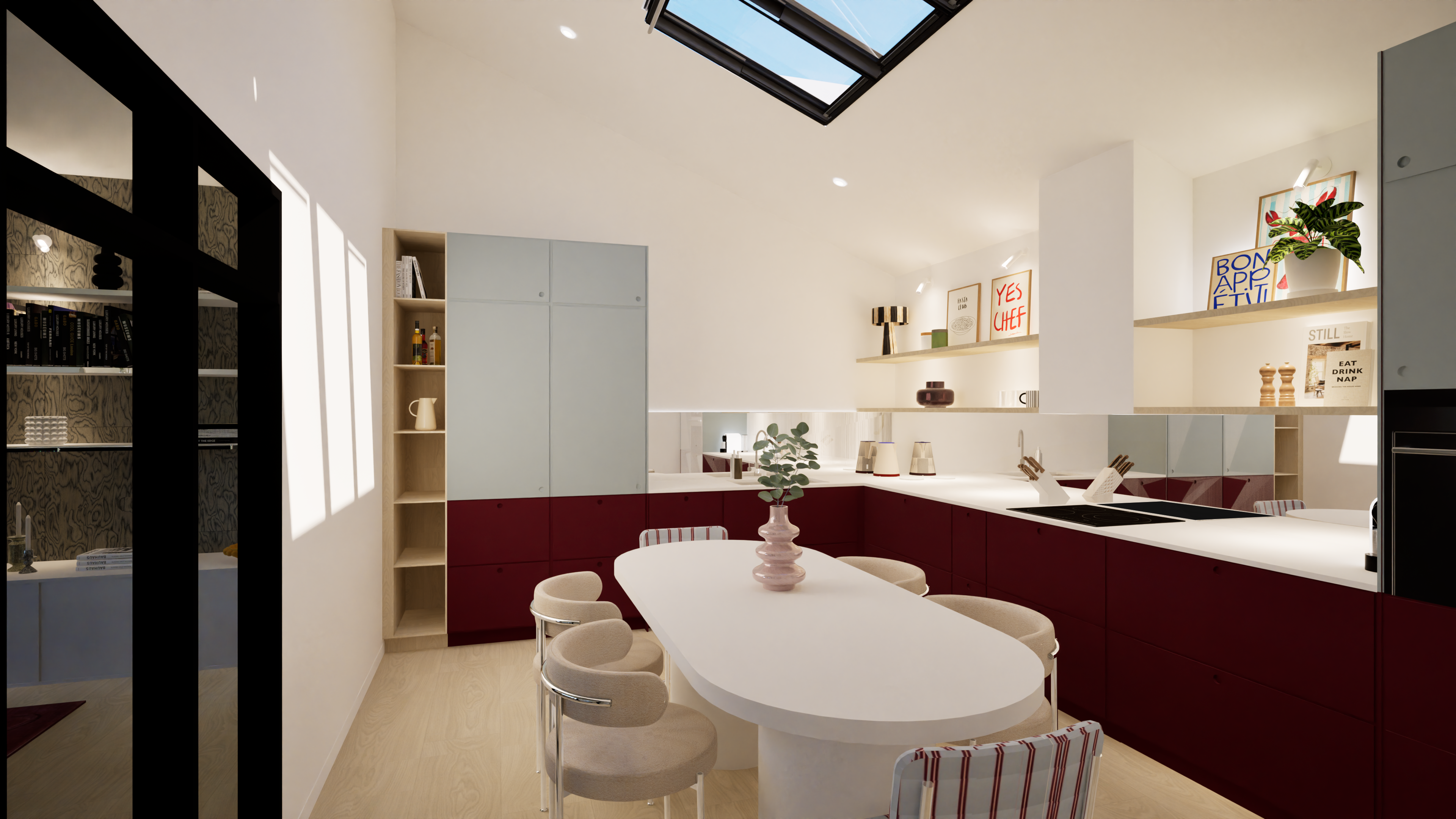 Cuisine design en L bleu ciel et grenat avec étagères bois et velux sous rampant, parquet chêne clair — Projet Lorrier, agencement sur mesure