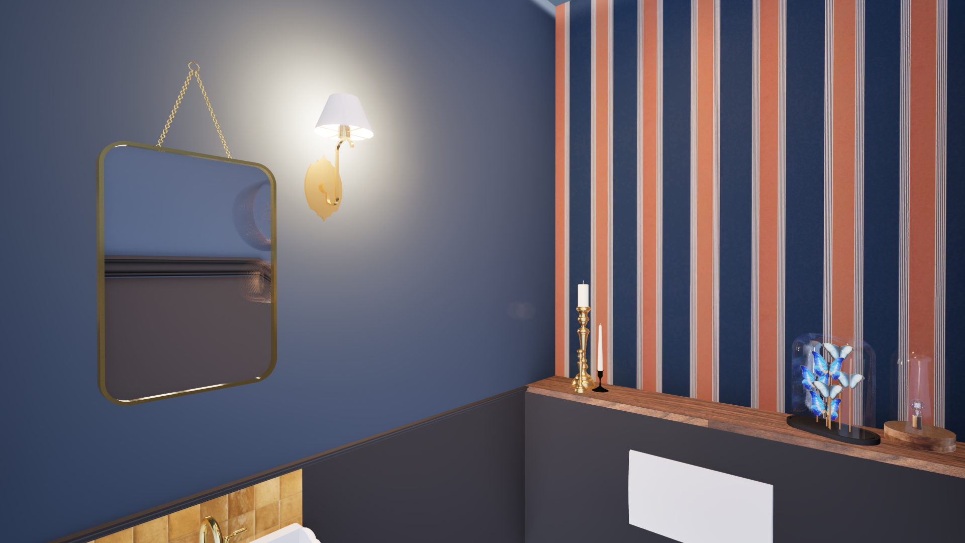 Toilettes cabinet de curiosités bleu nuit et motifs rayés orange/bleu, vasque céramique blanche — Projet Italie 2, décor original