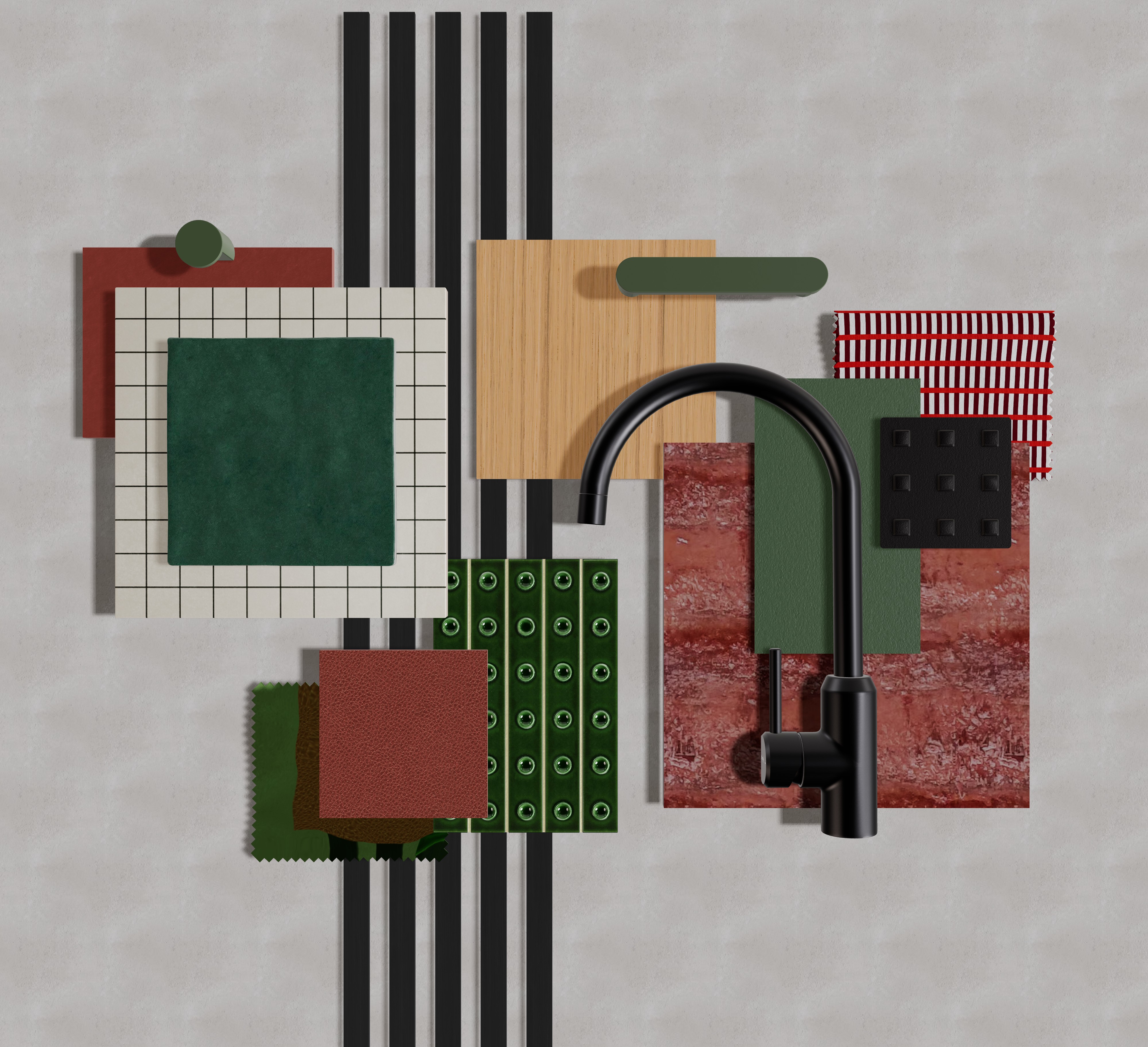 Détail matériaux sanitaires marbre Calacatta et faïence rouge vert, matériaux & textures — Projet Italie