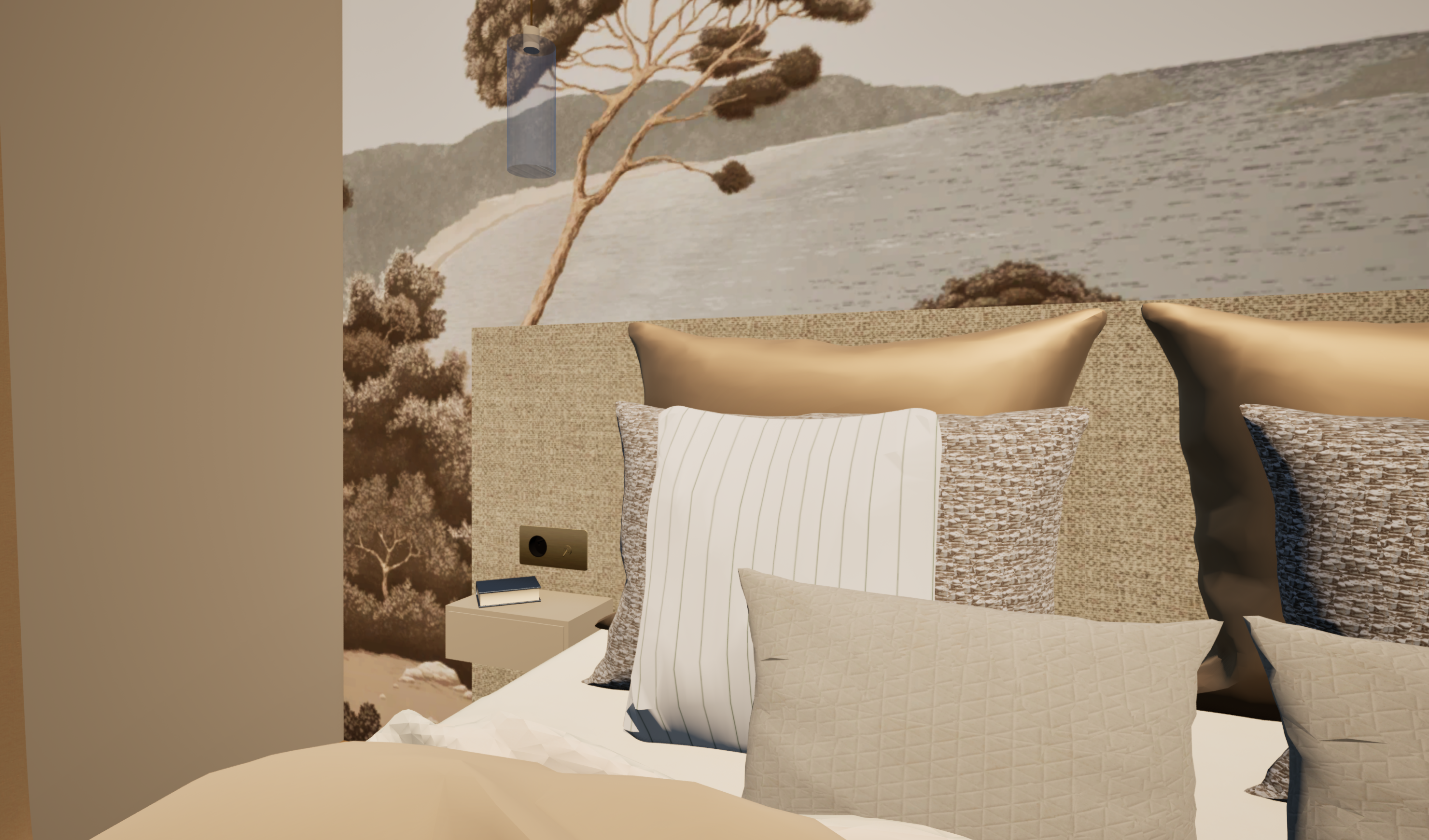 Détail chambre beige avec panorama et mobilier bois aux lignes courbes — Projet Muguet, architecture d’intérieur Rennes