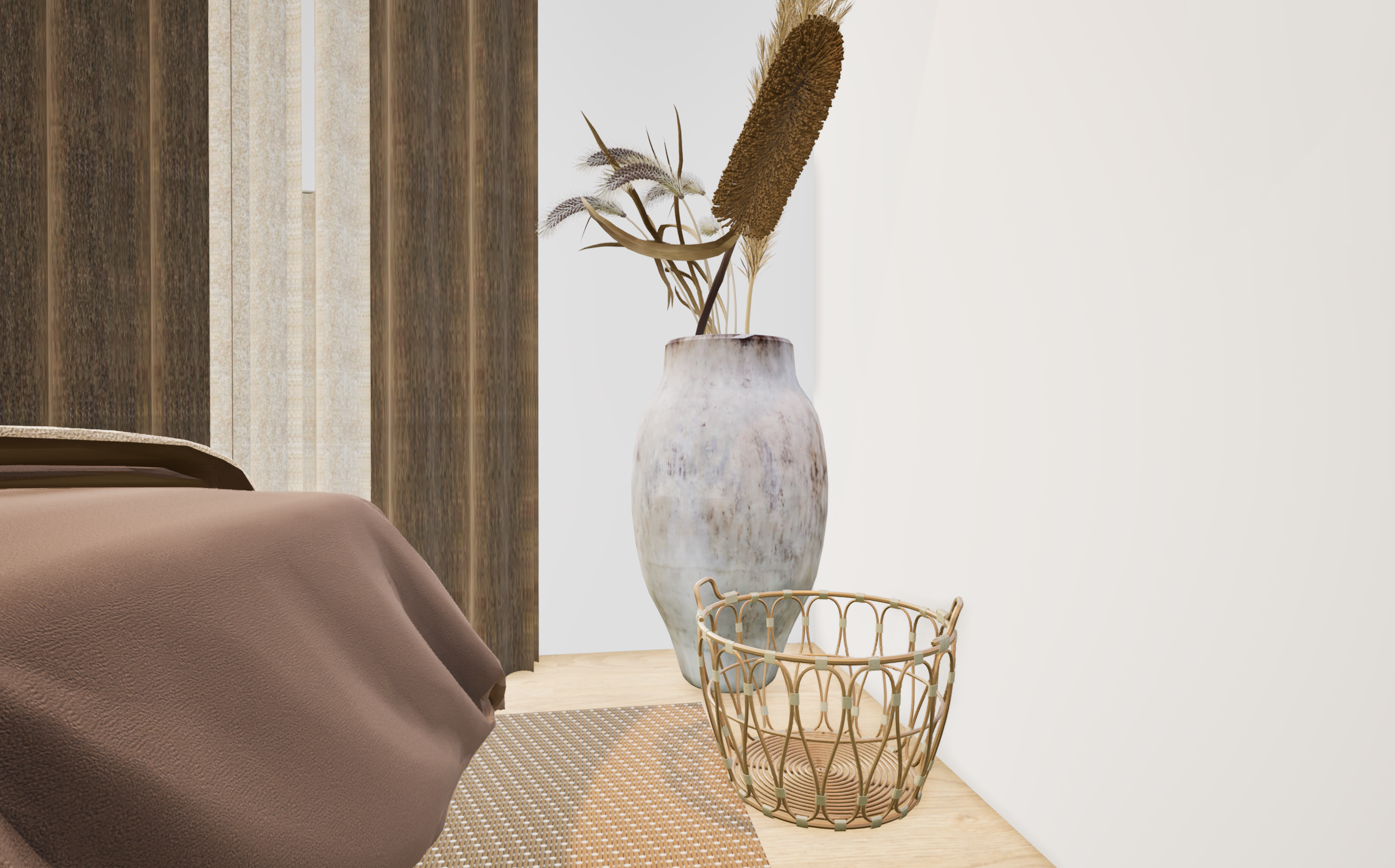 Vue décorative de la chambre bohème avec mur chocolat, cannage sur portes de dressing et suspensions en lin — Projet Muguet, design intérieur Rennes