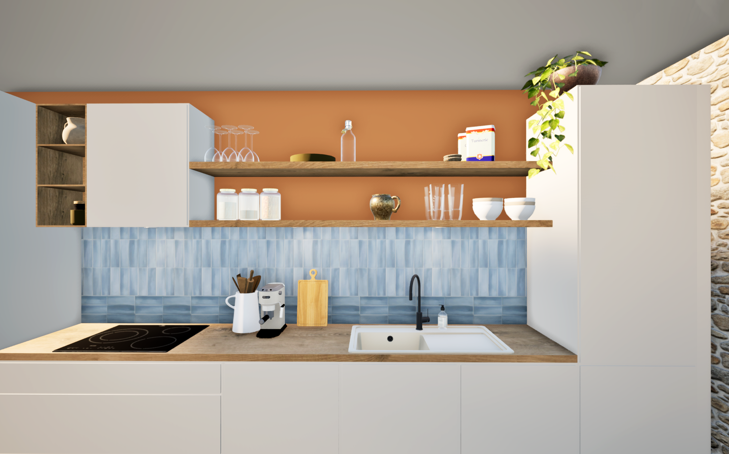Détail de la cuisine contemporaine couleur sable fin avec crédence zelliges bleus et étagères en bois — Projet Saint‑Martin