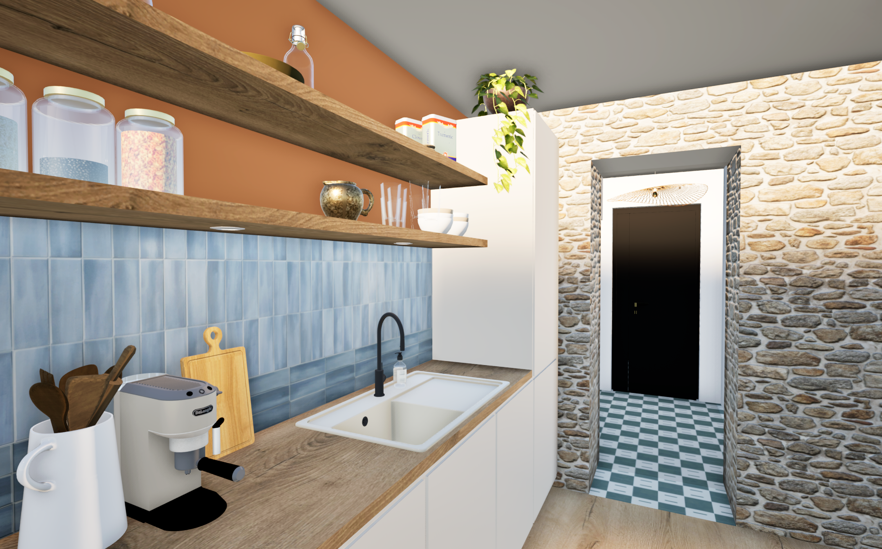 Détail de la cuisine contemporaine couleur sable fin avec crédence zelliges bleus et étagères en bois — Projet Saint‑Martin