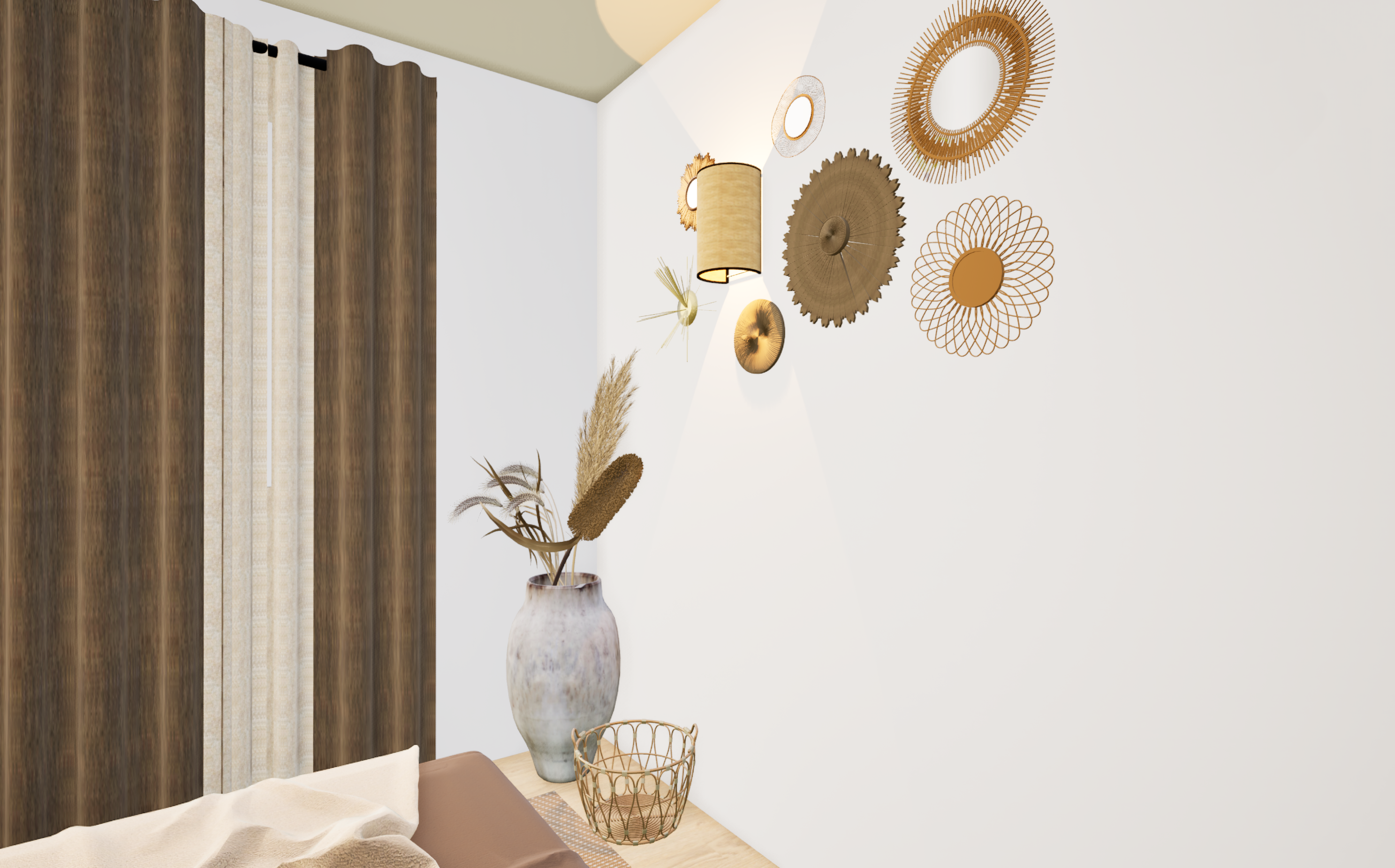 Détail d’éléments décoratifs en métal doré et bois dans chambre bohème mur chocolat — Projet Muguet, architecture d’intérieur Rennes