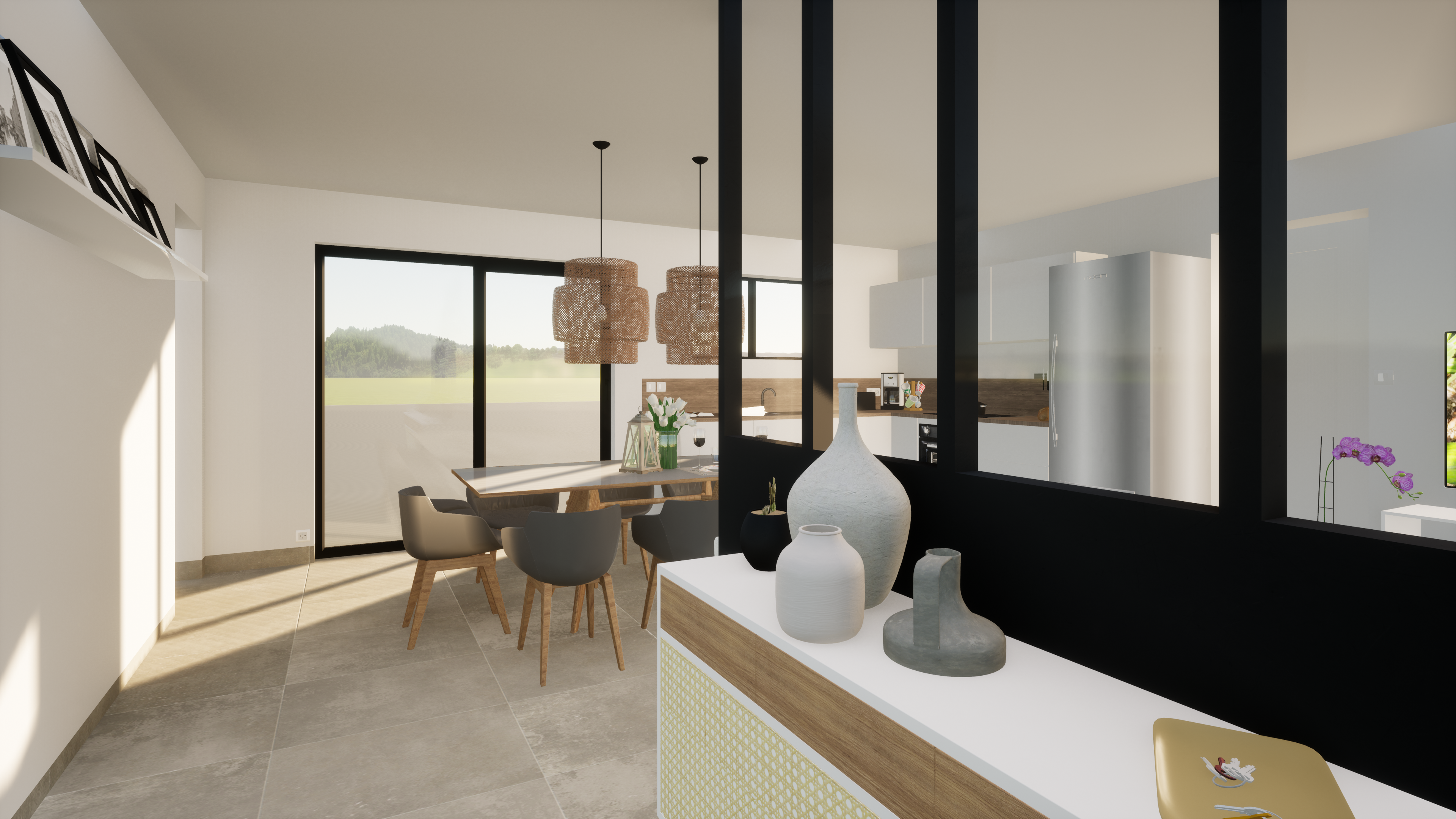 Entrée avec verrière noire métal et ambiance naturelle – Projet Chesnaie, architecture d’intérieur à Rennes