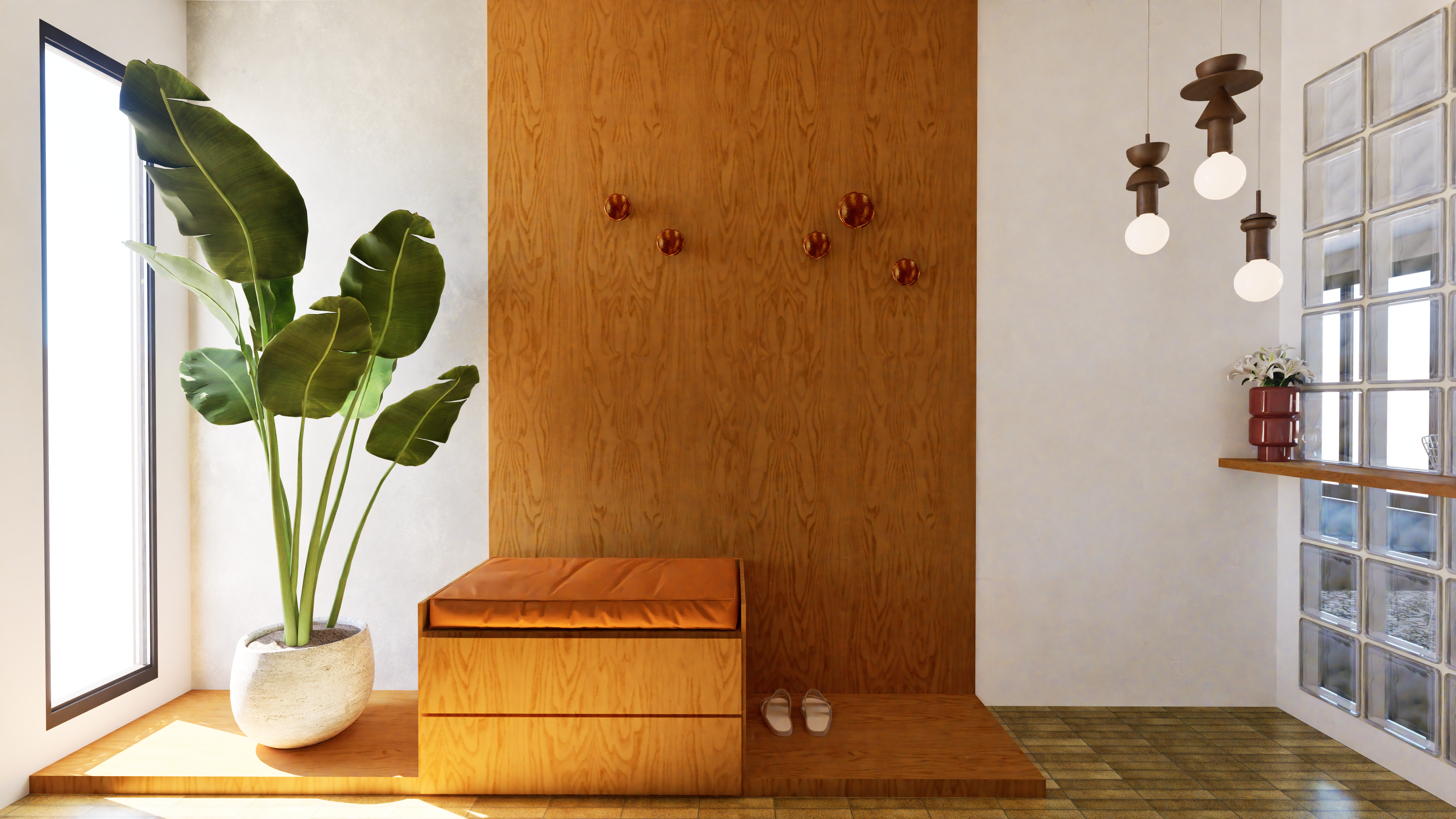 Entrée mid-century avec banquette sur-mesure, patères en verre, plante — Projet Arnaud, sur-mesure