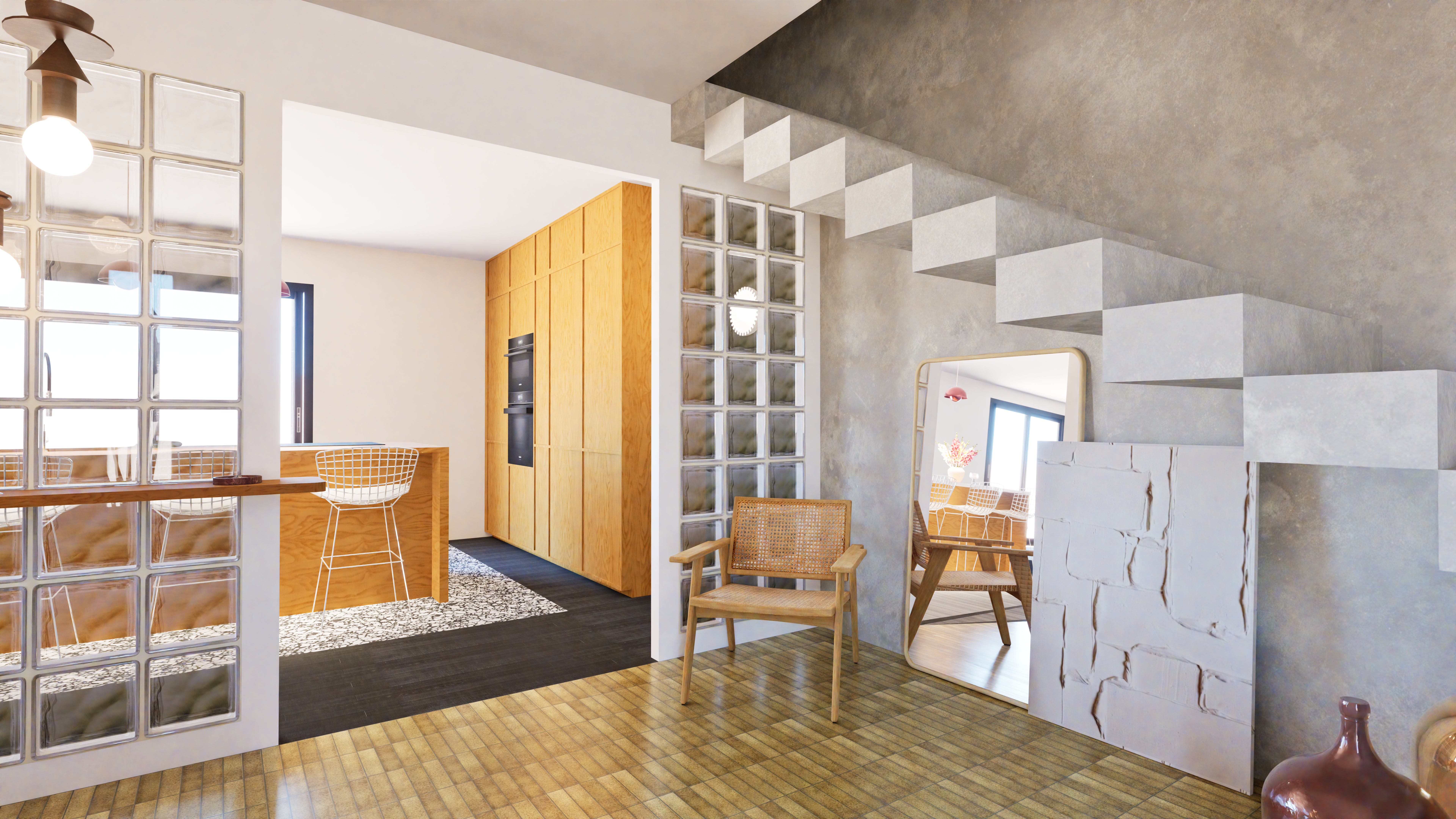 Entrée mid-century avec escalier sculptural, pavés de verre et mobilier aux lignes simples — Projet Arnaud, agencement d'intérieur