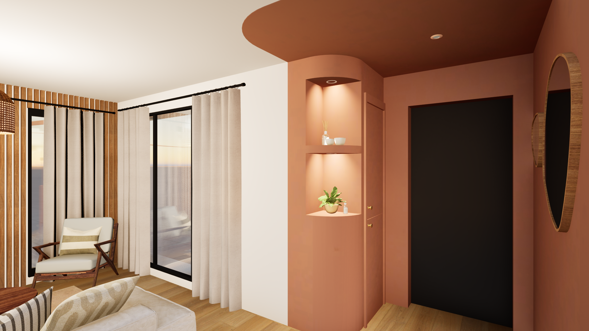 Entrée terracotta avec niches déco arrondies et peinture plafond colorblock — Agencement maison neuve Projet La Hutte