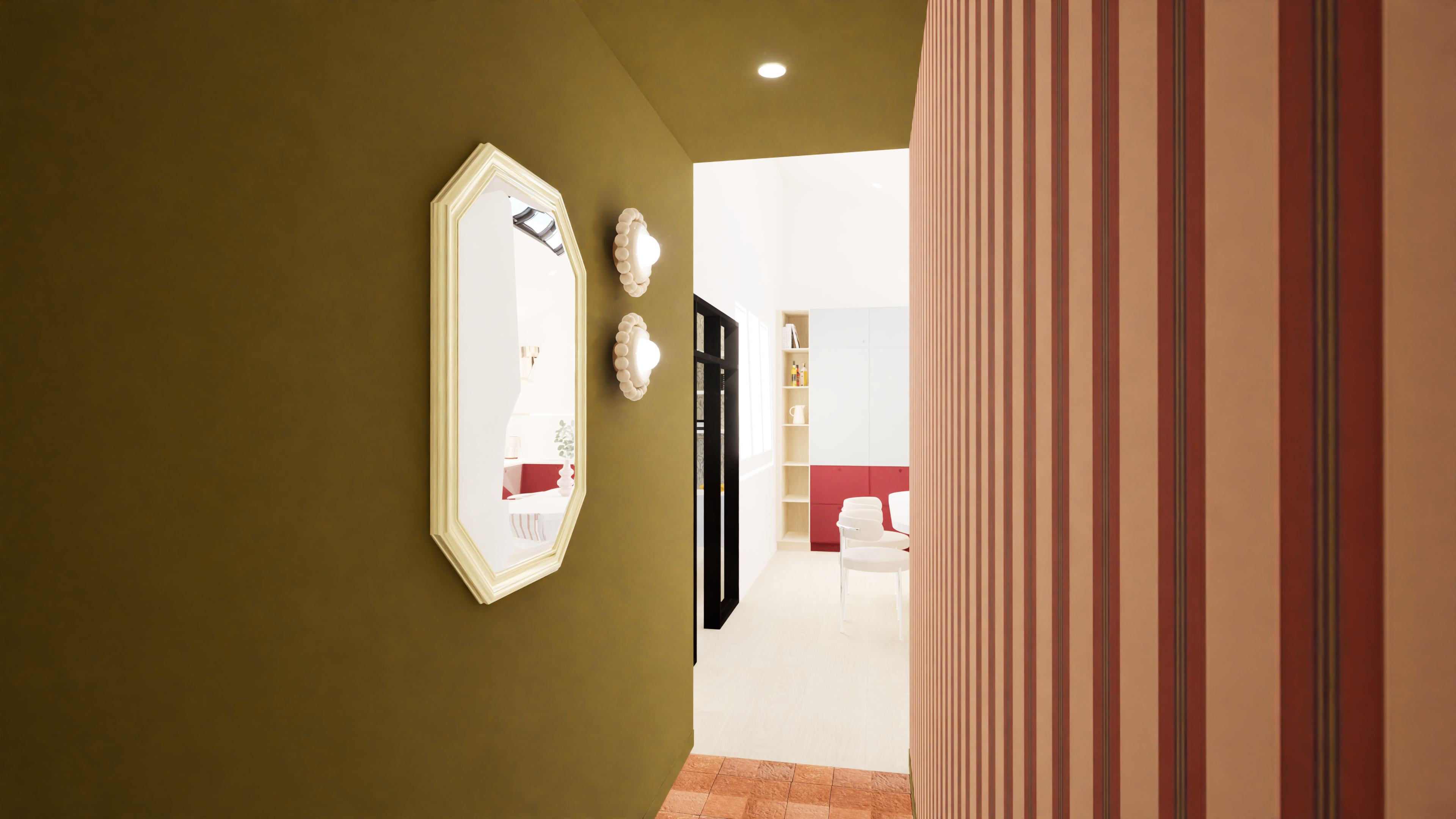 Entrée design avec peinture kaki, papier peint à rayures rose et vert kaki, tomettes anciennes au sol et miroir cadre doré — Projet Lorrier, architecture d’intérieur Rennes