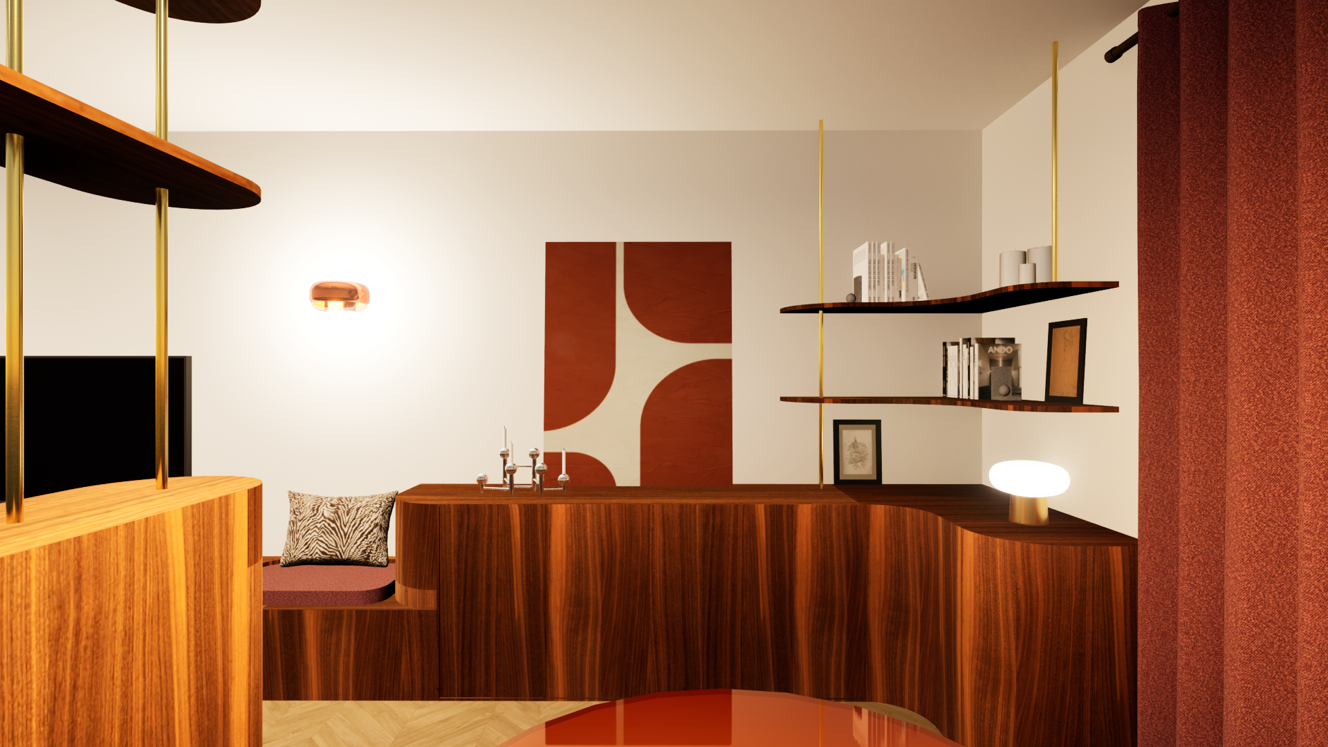 Meuble sur-mesure en noyer avec étagères laiton et rangement intégré dans le séjour rétro seventies — Projet Le Château