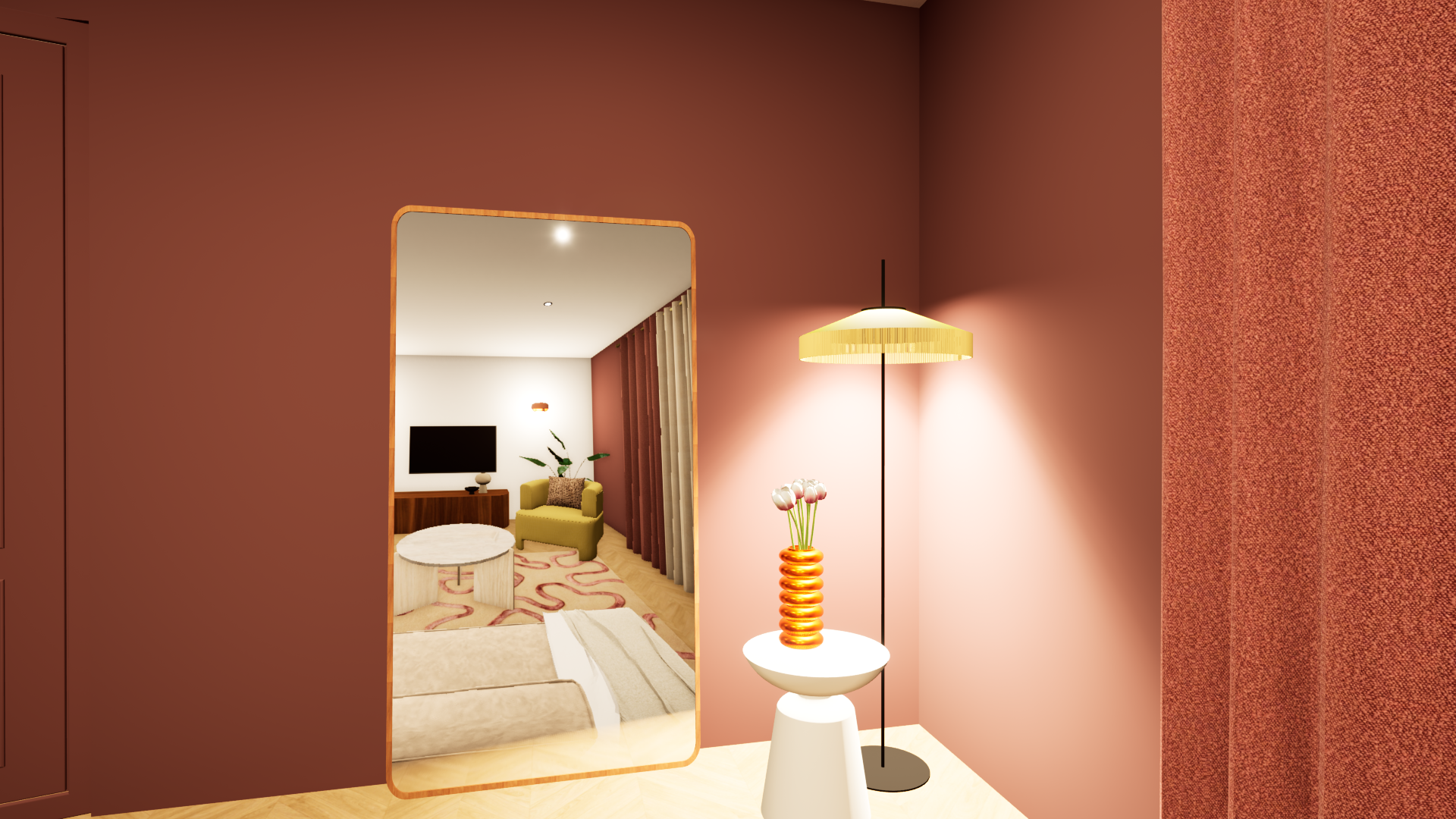 Miroir et luminaire dans le salon rétro seventies avec murs prune et mobilier noyer — Projet Le Château, architecture d’intérieur Rennes