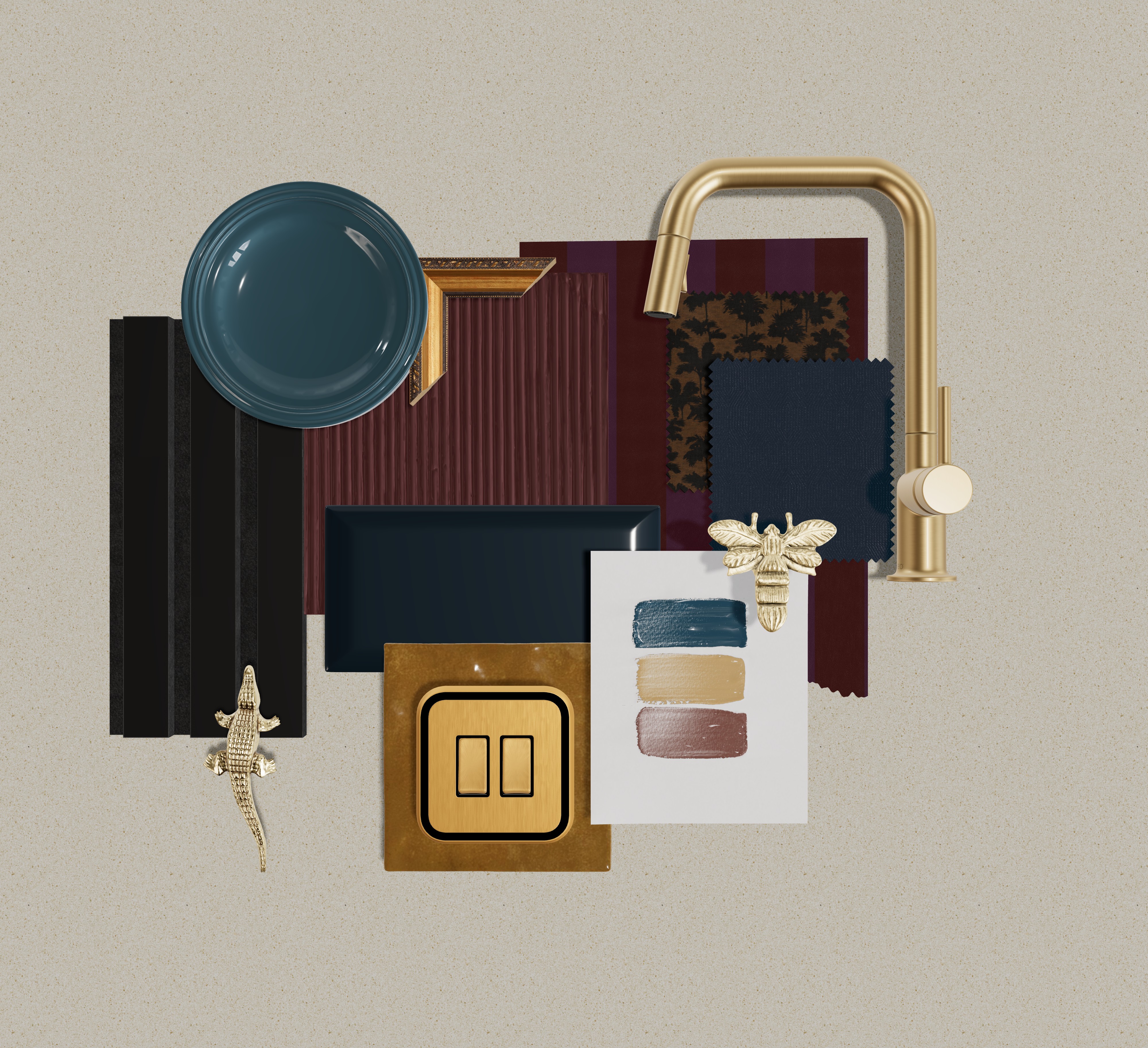 Moodboard inspiration toilettes cabinet de curiosités, bleu nuit, papier peint rayé bleu et orange, zelliges oranges, détails vintage — Projet Italie 2