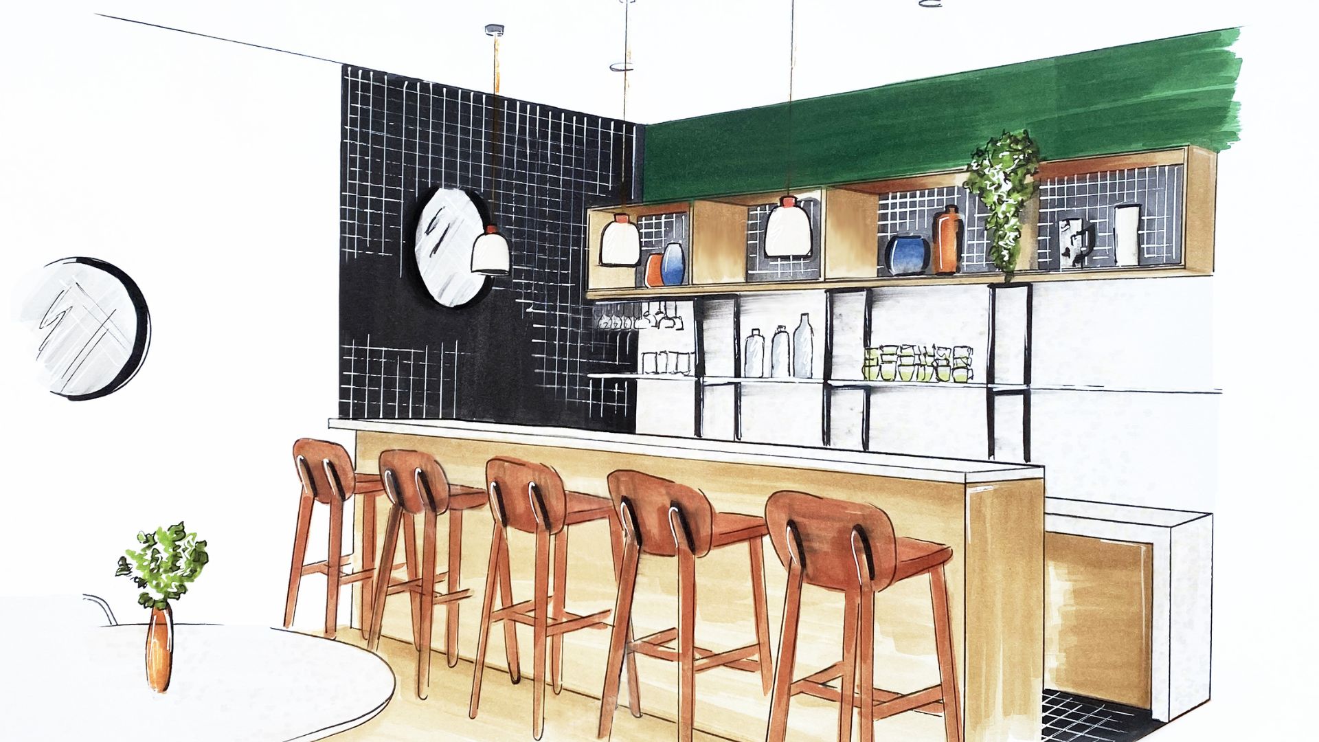 Perspective d'un comptoir de bar dessinée par Flavie Vincent à Rennes