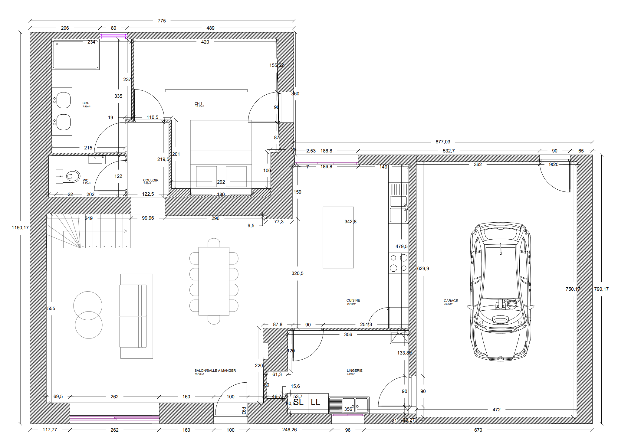 Plan 2D d’agencement et d’aménagement de la grange rénovée en maison familiale — Projet Tremblay