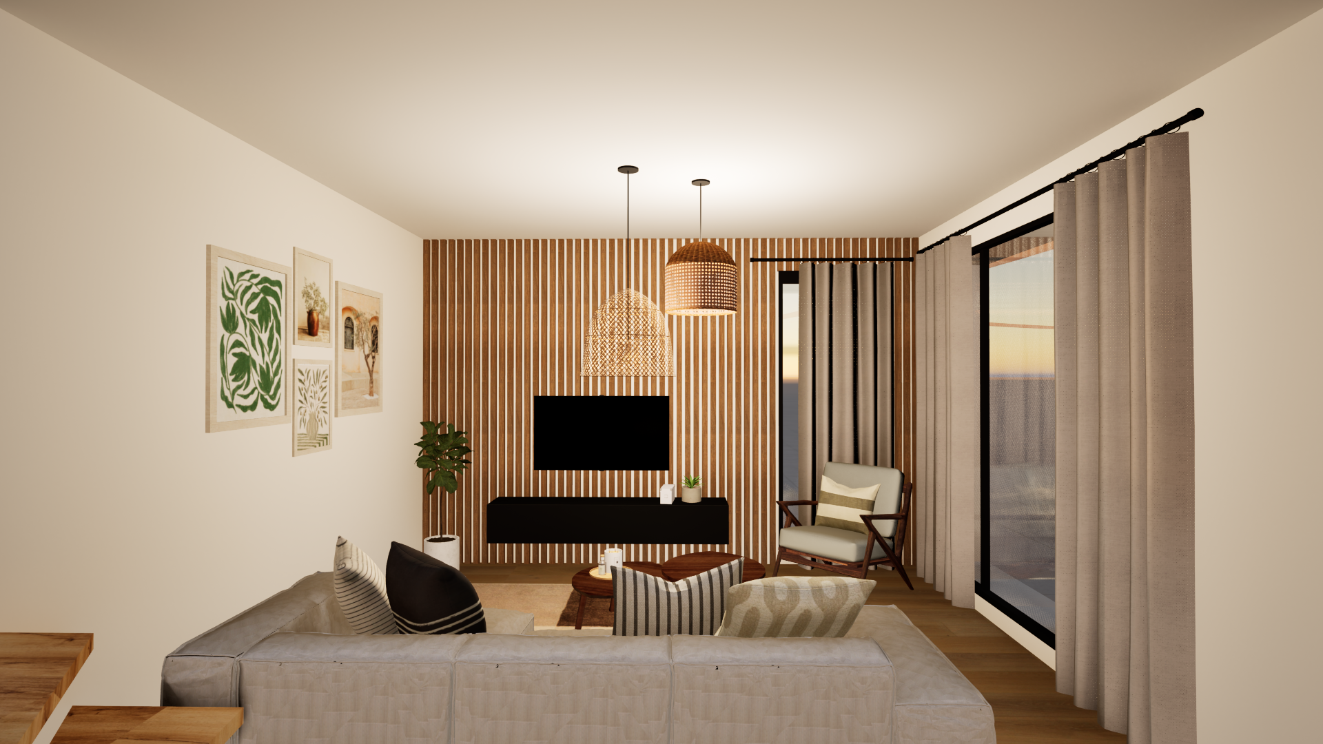 Salon bohème avec mur en tasseaux bois, canapé gris, fauteuil scandinave et luminaires en rotin — Projet La Hutte, architecture d’intérieur Rennes