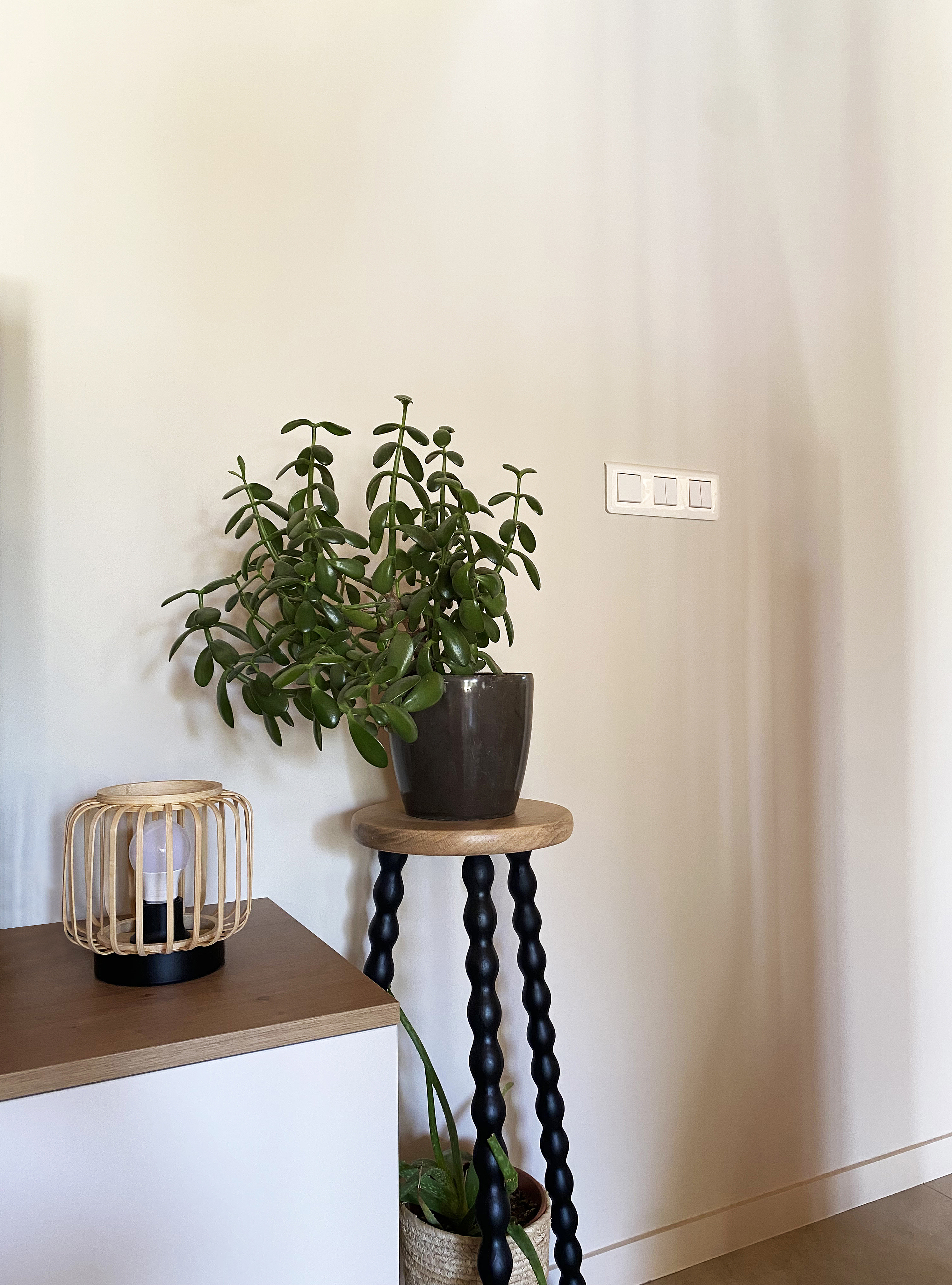 Salon rénové avec meuble TV et bureau sur-mesure, canapés gris et poêle — Projet Talensac, architecture d’intérieur Rennes