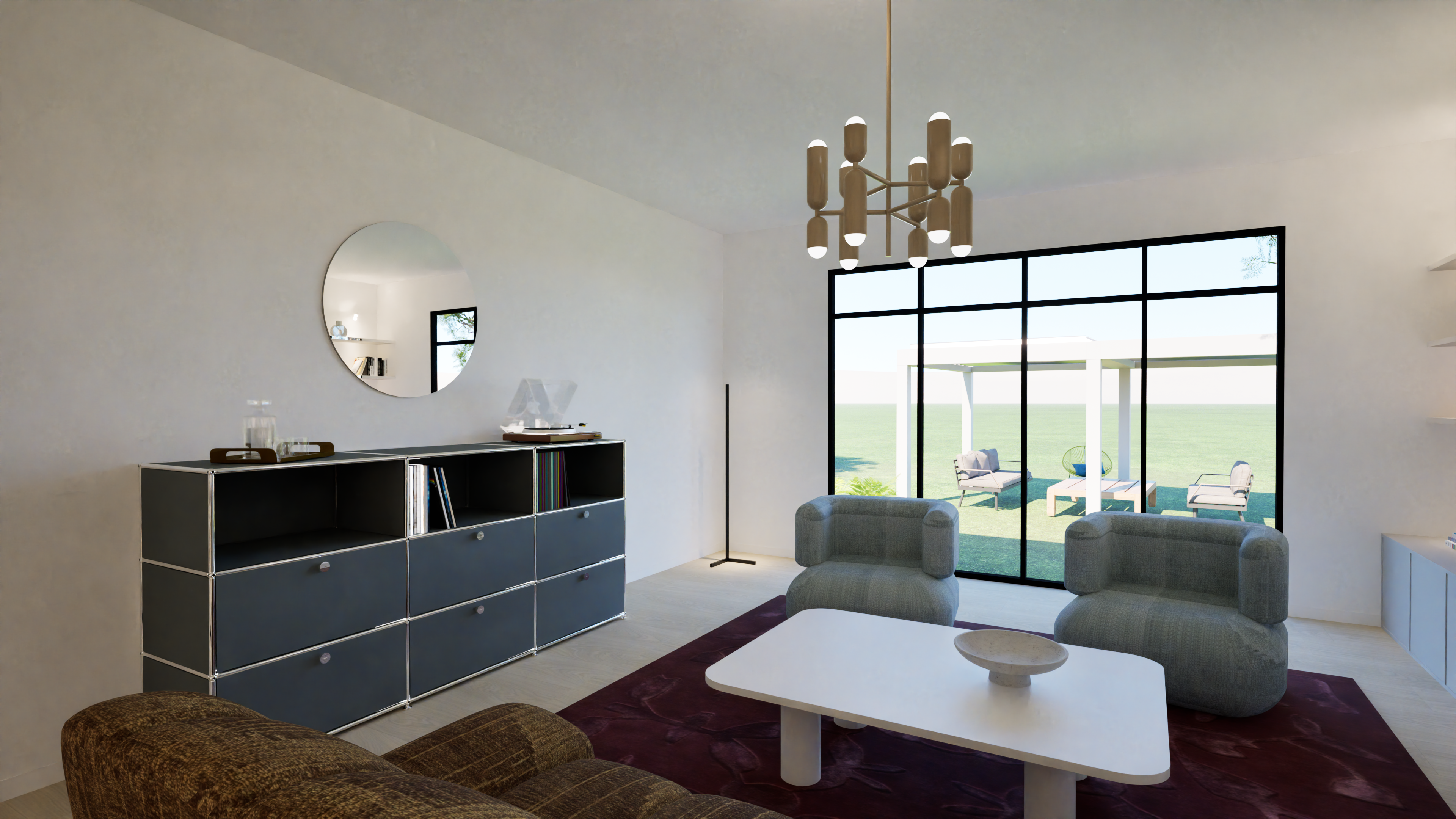 Salon contemporain avec verrière noire sur jardin, meuble USM et fauteuils bleu, décoration colorée — Projet Lorrier, Flavie Vincent