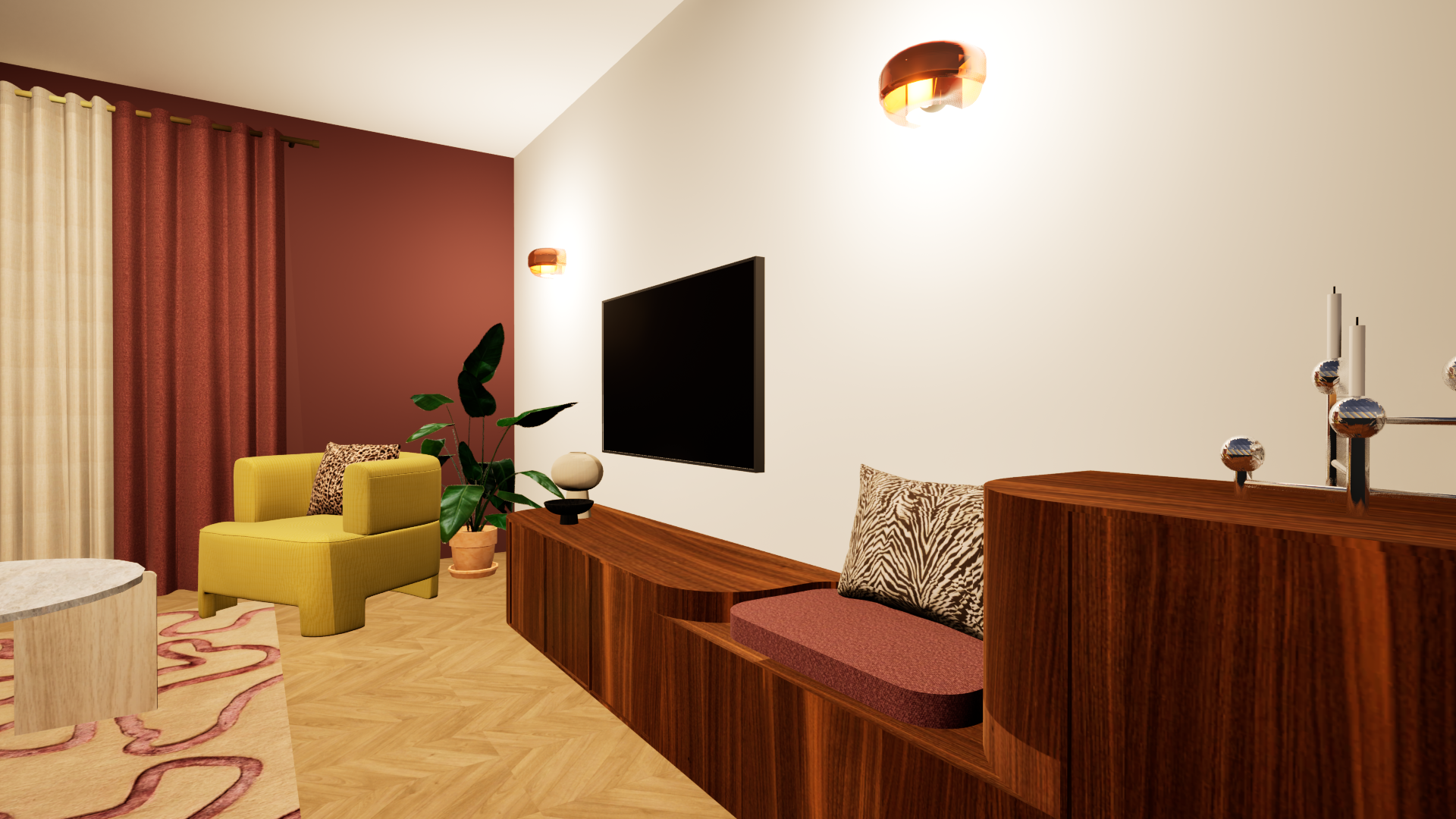 Salon avec agencement sur mesure noyer, banquette intégrée et décor coloré bleu, orange, rose — Projet Le Château