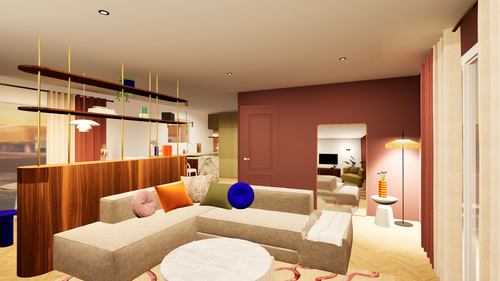 Salon rétro seventies avec murs prune, canapé en L beige, table basse travertin et mobilier noyer — Projet Le Château, architecture d’intérieur à Rennes