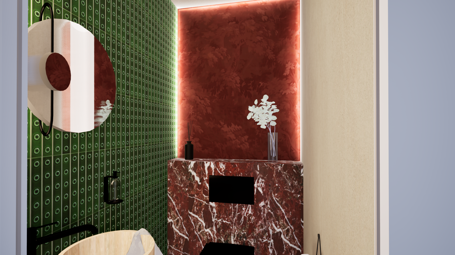 Ambiance WC avec associations de matériaux marbre rouge, faïence murale et lumière d’ambiance — Projet Italie Rennes