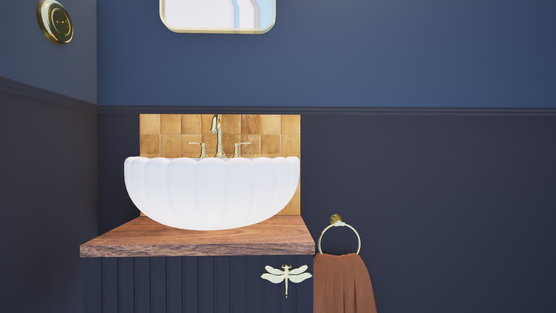 Sanitaires décorés bleu nuit avec papier peint rayé et zelliges oranges, détails chinés et robinetterie laiton — Projet Italie 2