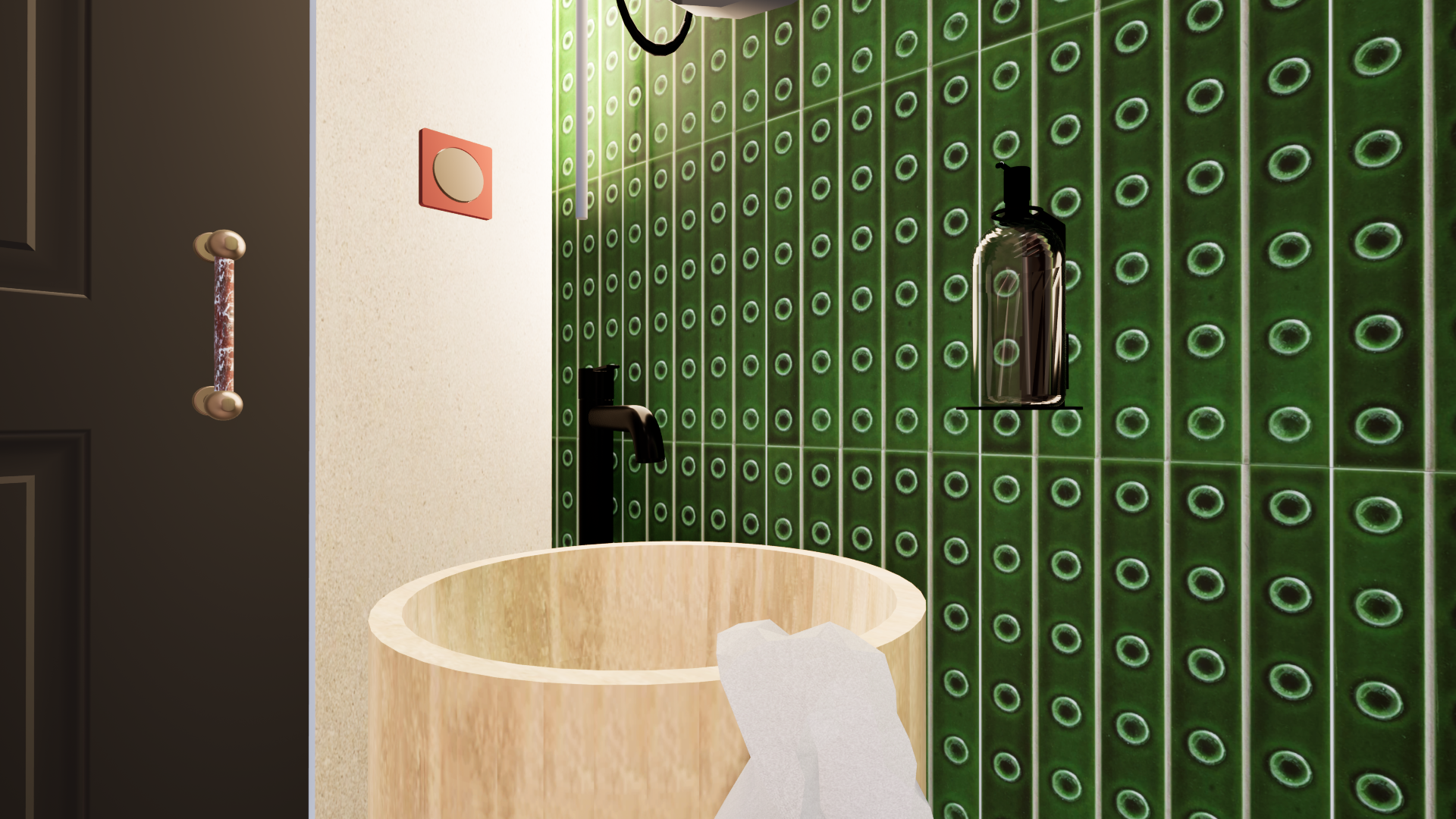 Vue rapprochée de la vasque travertin, robinetterie noire, marbre et faïence, détails design et contraste de couleurs — Projet Italie