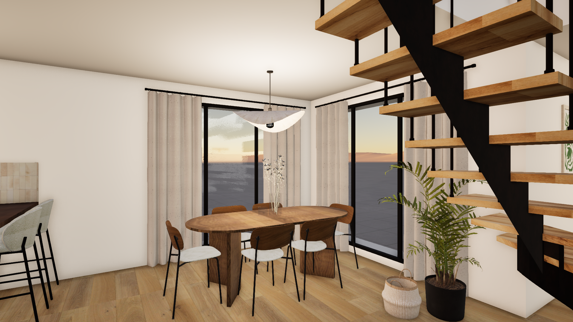 Séjour avec table en noyer et chaises tissu bouclette beige, rideaux textiles et suspension en tissu — Projet La Hutte architecture