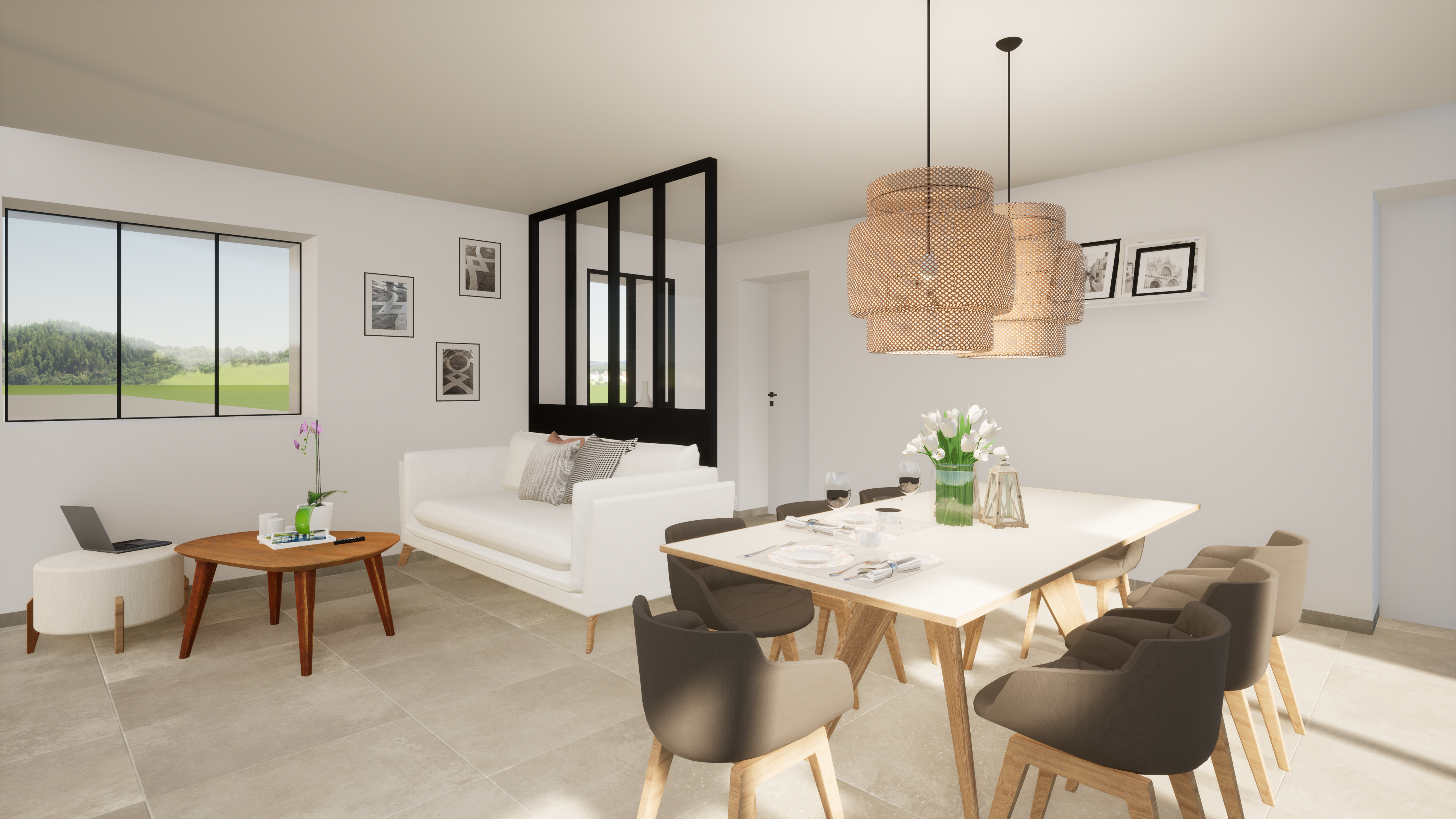 canapé Séjour avec verrière métal et canapé scandinave – Projet Chesnaie décoration