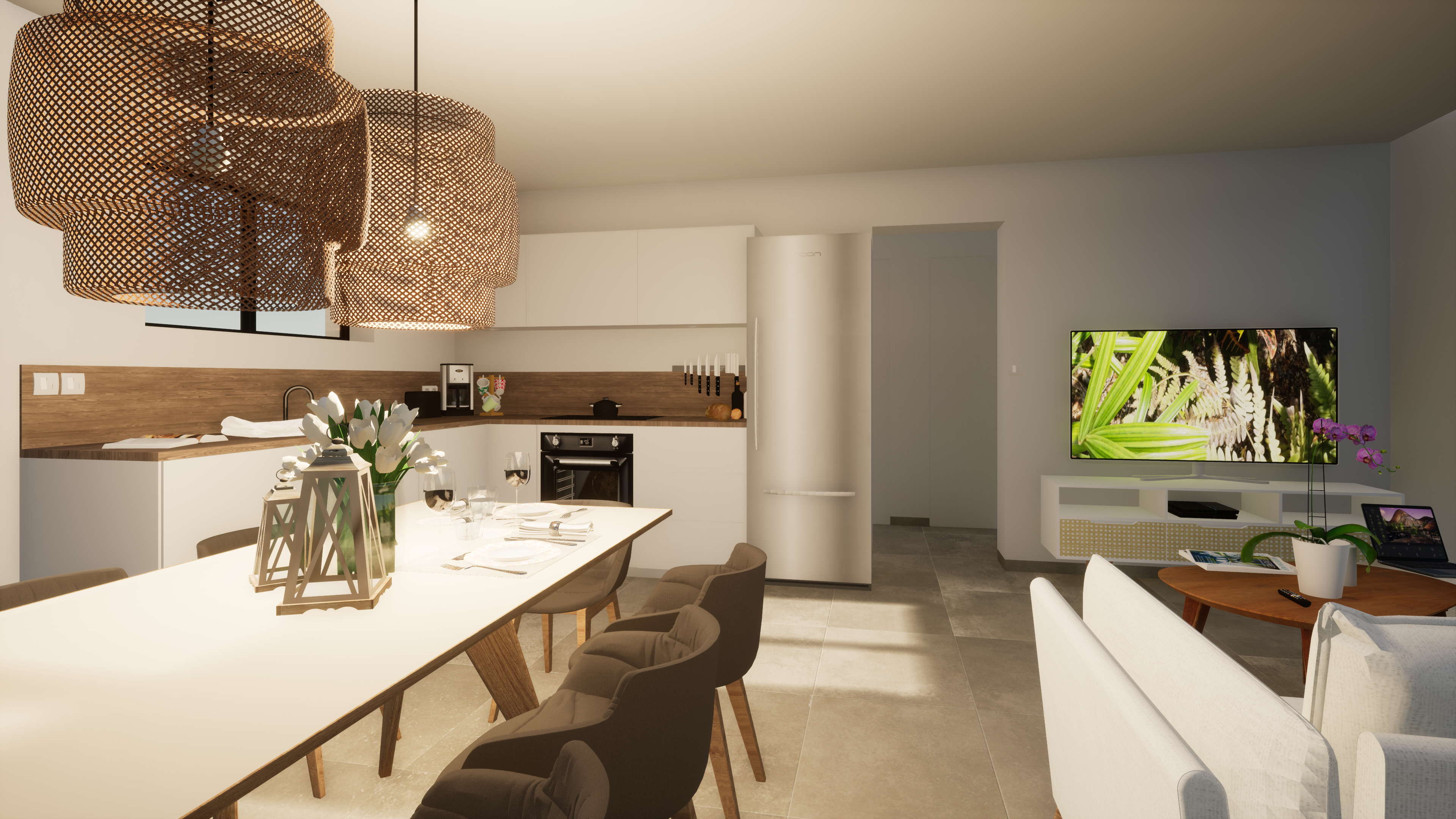 Séjour et cuisine ouverte matériau bois blanc – Agencement intérieur moderne au projet Chesnaie