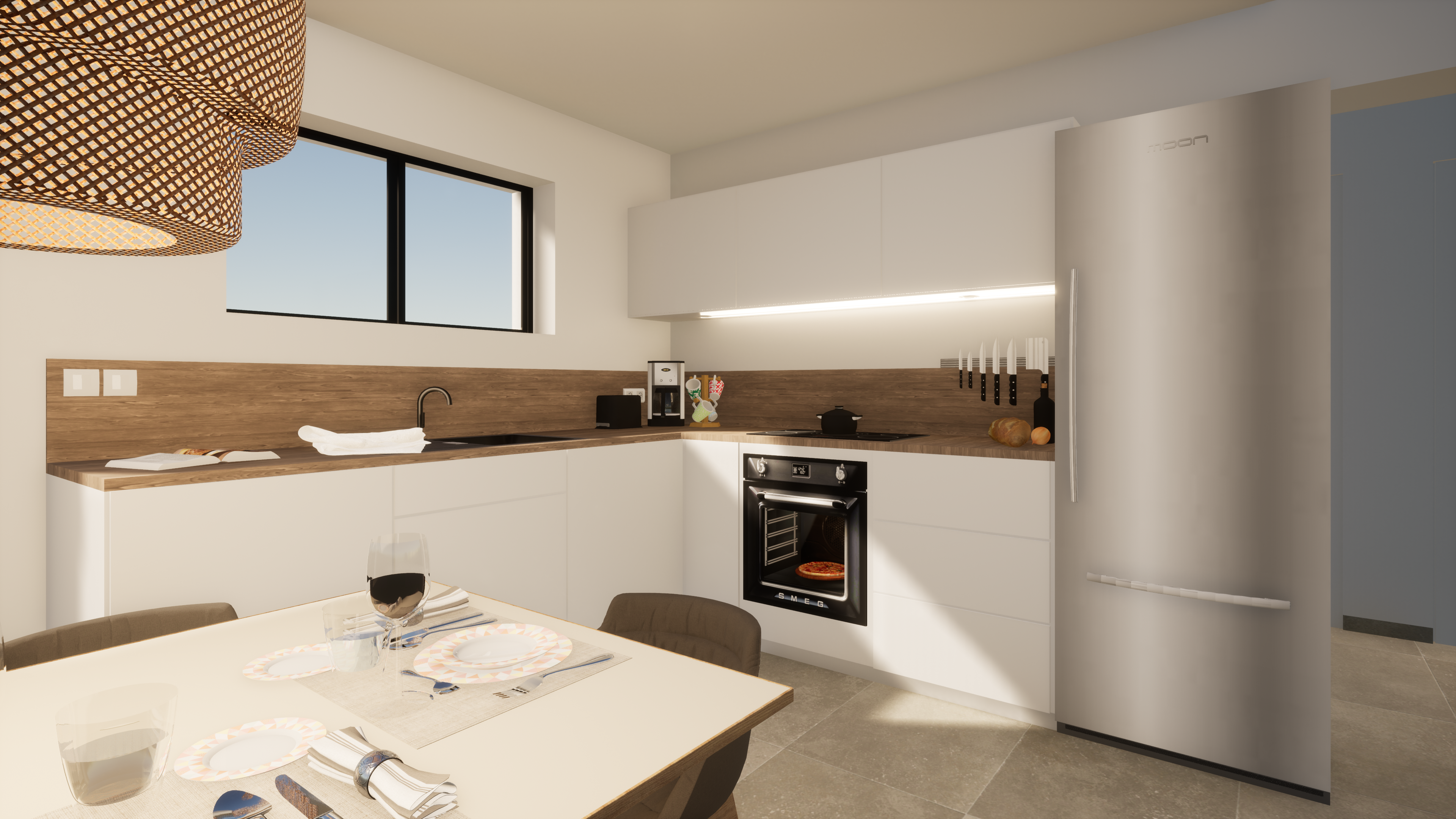 Séjour avec cuisine ouverte blanche et bois – Aménagement lumineux, Projet Chesnaie