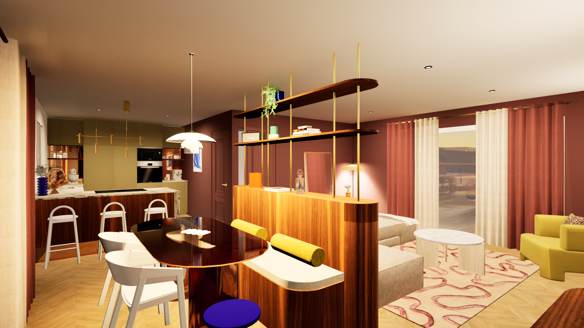 Séjour avec banquette noyer, étagères laiton et chaises bouclette blanches — Projet Le Château