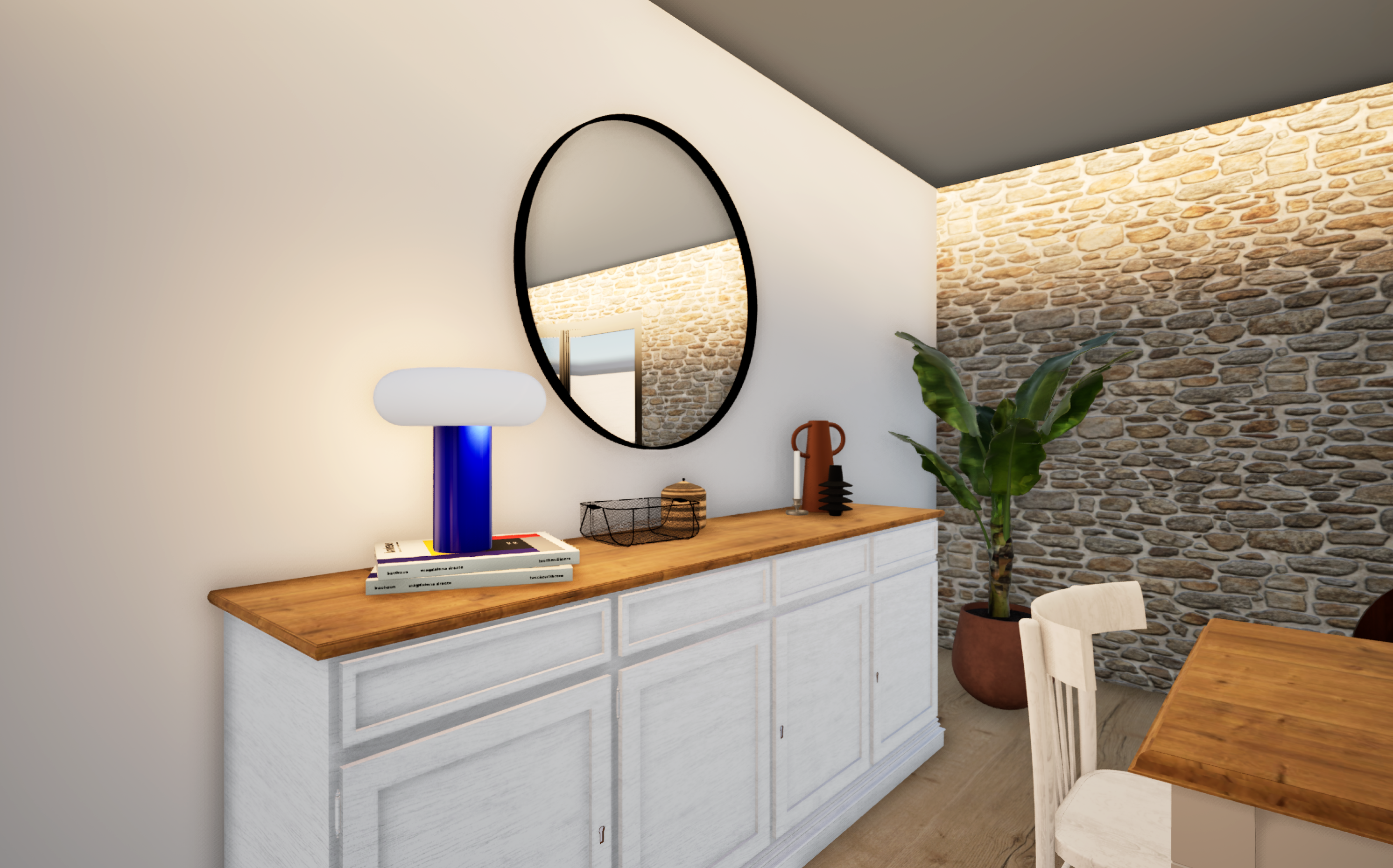 Séjour avec buffet en bois peint blanc, plateau en chêne massif, miroir noir et parquet chêne clair — Projet Saint‑Martin, décoration intérieure