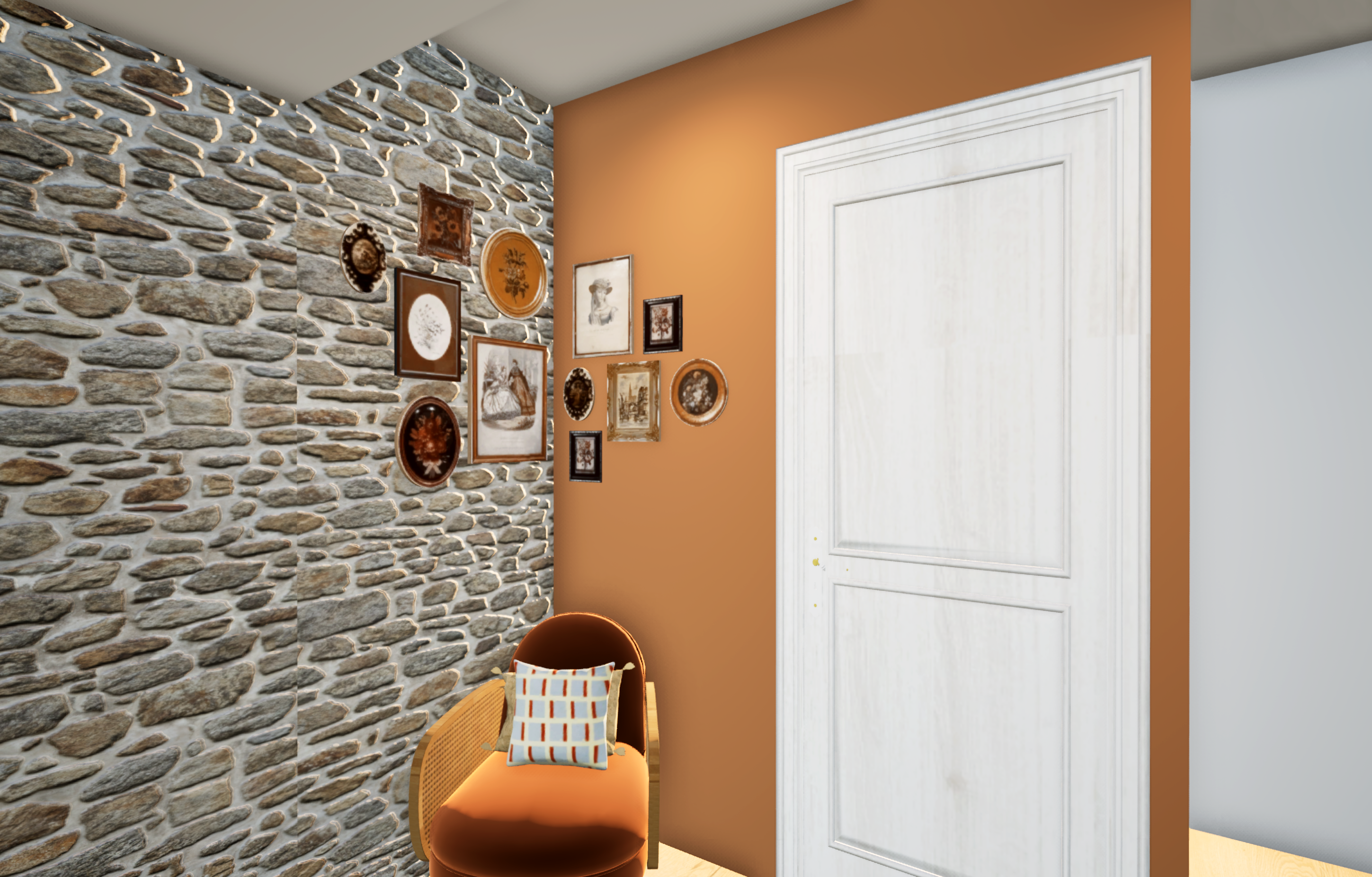 Séjour avec mur ocre chaud, fauteuil velours terracotta et cannage, mur de cadres anciens — Projet Saint‑Martin, style mix ancien et contemporain