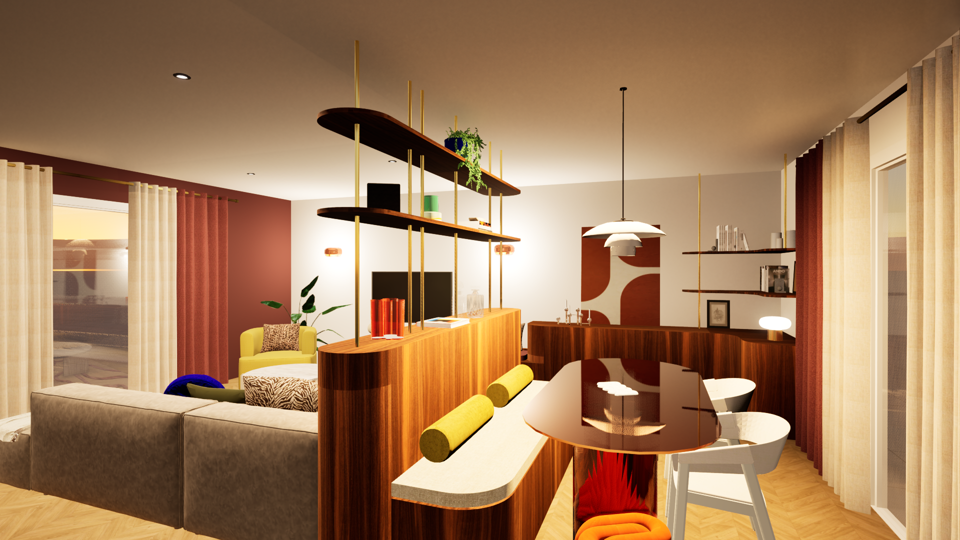 Séjour retro avec table en verre ambre, tabouret orange Moustache et structure laiton — Projet Le Château, décoration intérieure Rennes